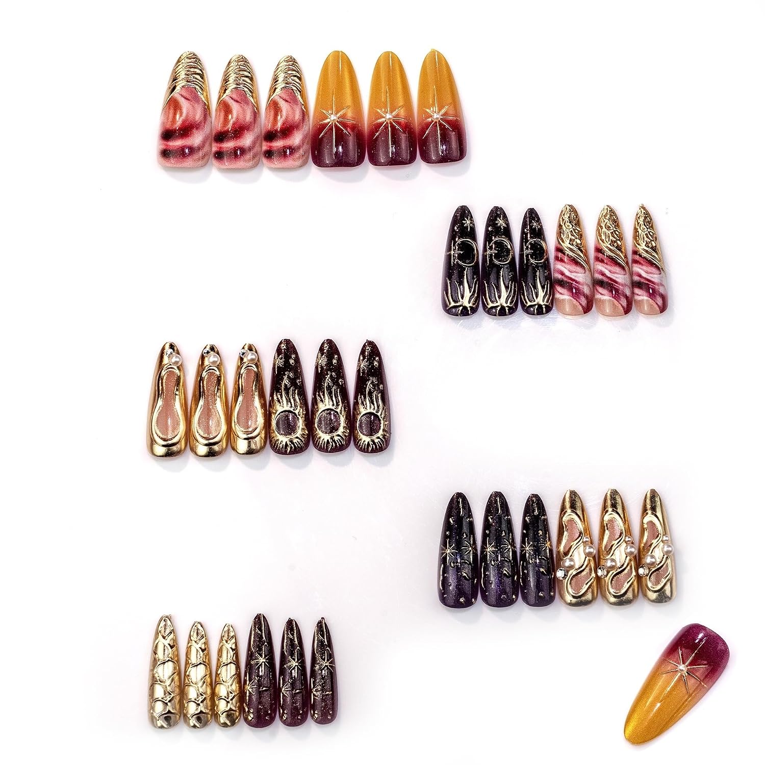Long Stiletto Press on Nails Red Gold Moon Star Fake Nail 30pcs