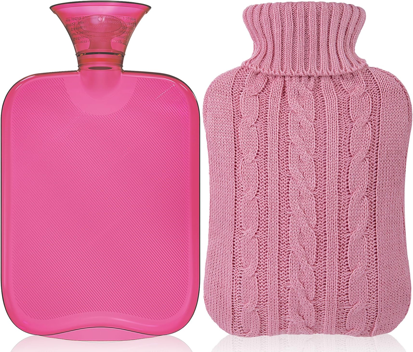 Attmu Hot Water Bottle with Cover Knitted, Transparent Hot Water Bag 2 Liter - Pink