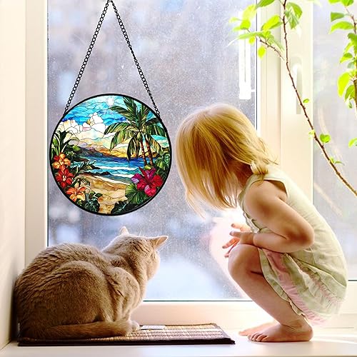 Miniatura 2 de Colgador de vidrieras para colgar, paisaje de playa azul, atrapasoles de cristal de diamante, decoración para cumpleaños para mujeres, hombres,