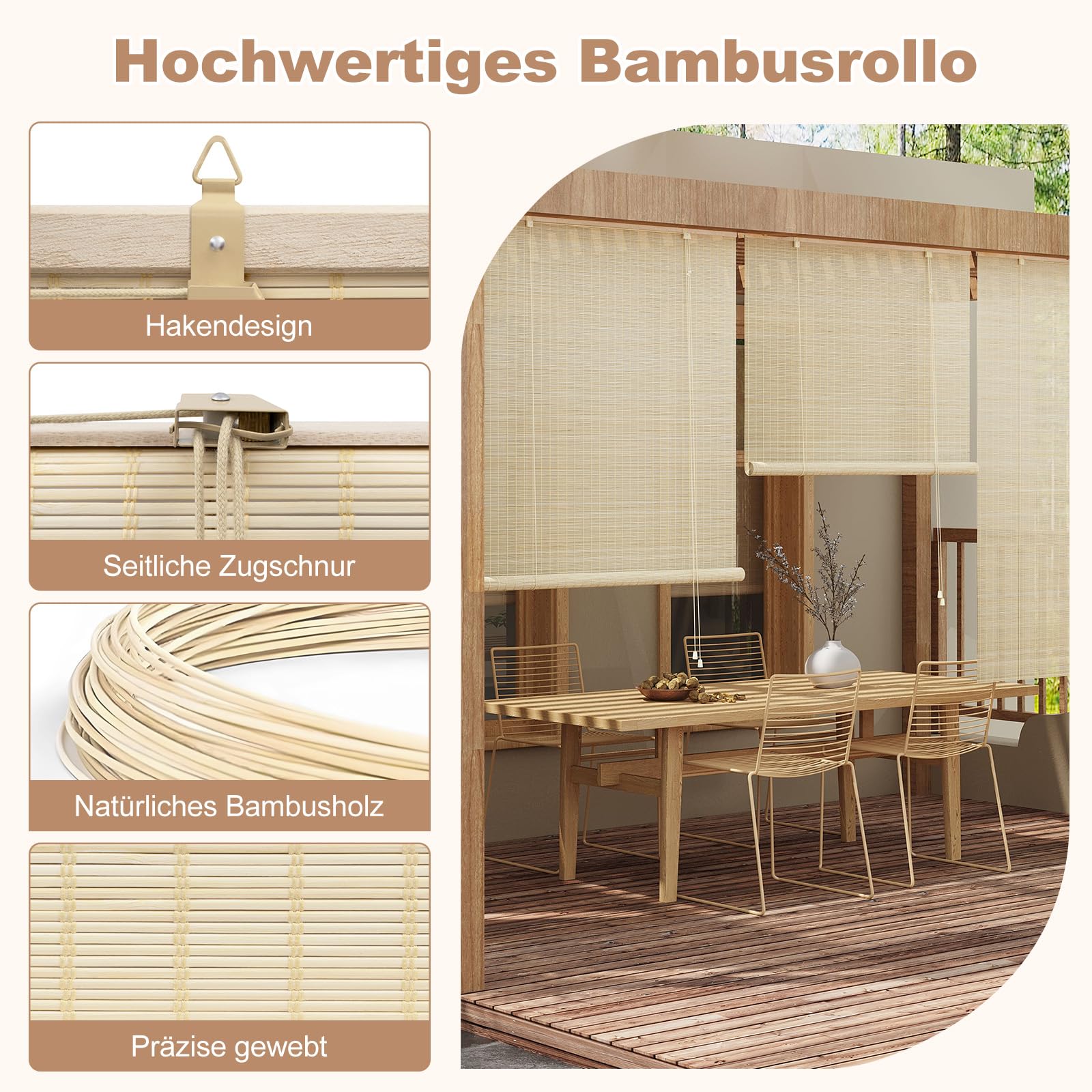 WOLTU Tenda a Rullo in Bambù, Protezione Solare, Protezione della Privacy, Oscurante da Interno a Rullo per Finestra/Porta, Tenda di Ventilazione, Naturale, 100x220 cm
