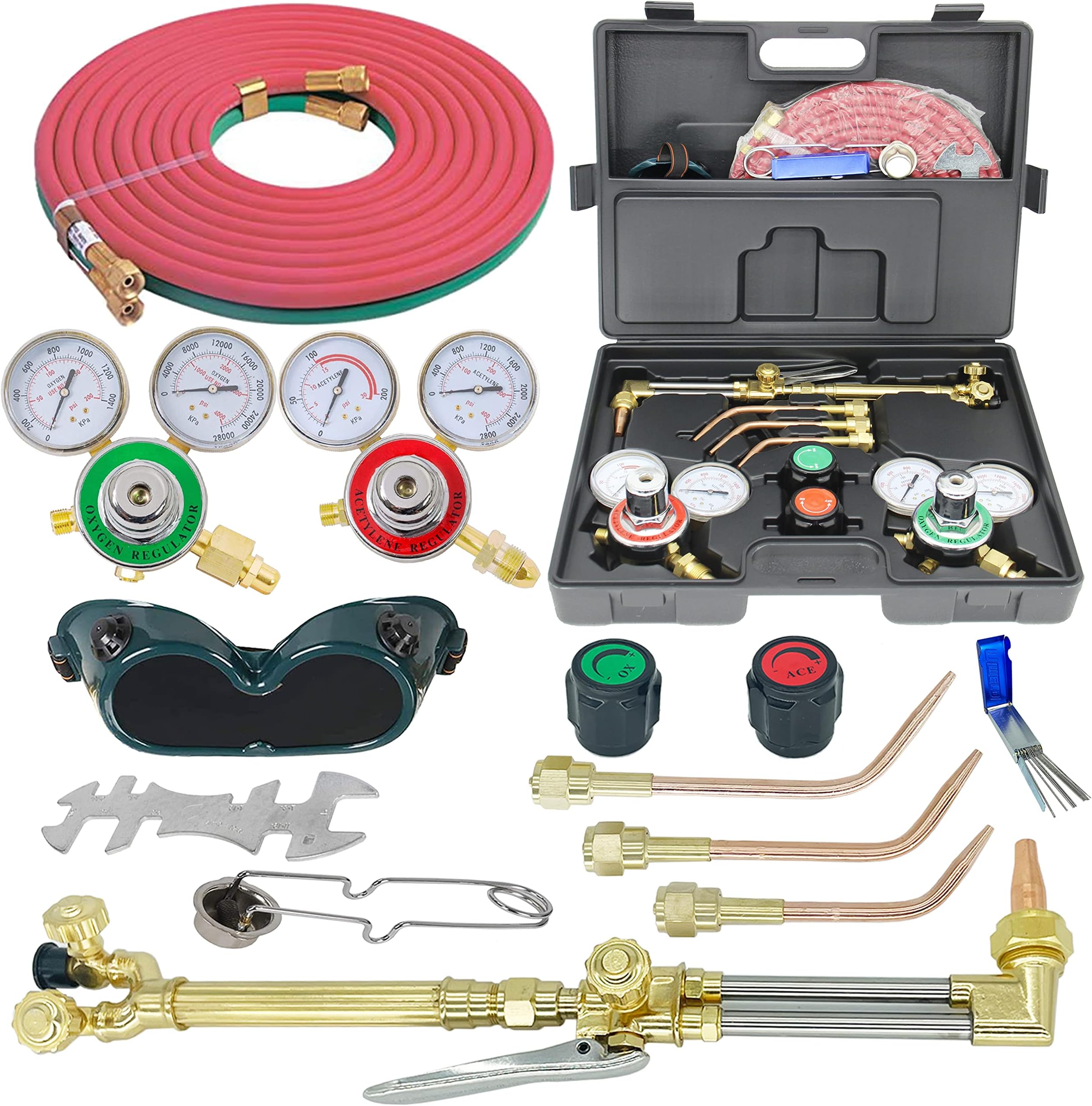 RX WELD Oxygen & Acetylene Gas Cutting Torch and Welding Kit Portable Oxy Brazing Welder Tool Set with Two Hose,Goggles,Regulator Gauges,Storage Case-Portable Cutting Torch Set Welder Tools Black