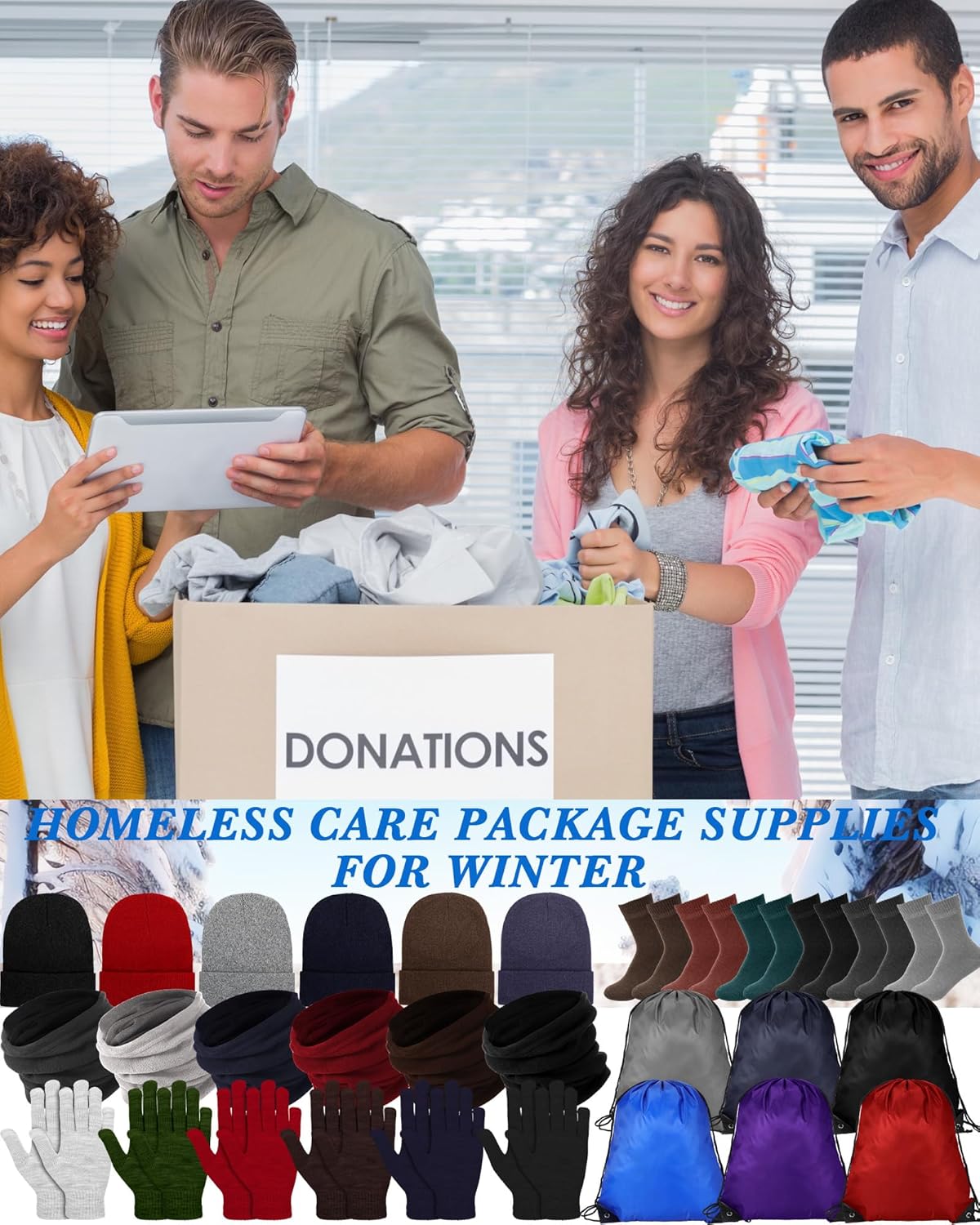 Suhine Homeless Care Package Supplies Bulk Winter Gloves Beanie Hat Neck Warmer Sock and Drawstring Bags for Men Women - Image 6