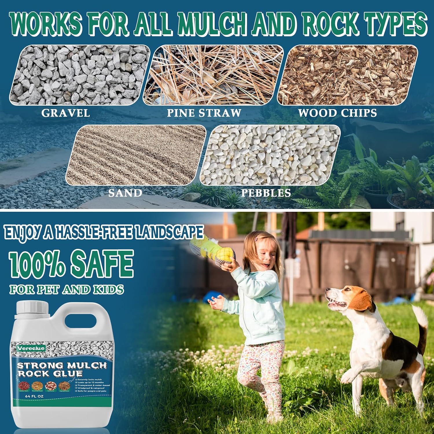 Mulch Gravel Glue for Landscaping - Fast-Drying Rock Pea Glue, Waterproof Gravel Binder, Clear Adhesive for Rocks, Mulch, Pebbles, Rubber Outdoor Landscaping, Non-Toxic and Pet-Friendly (64 fl oz)