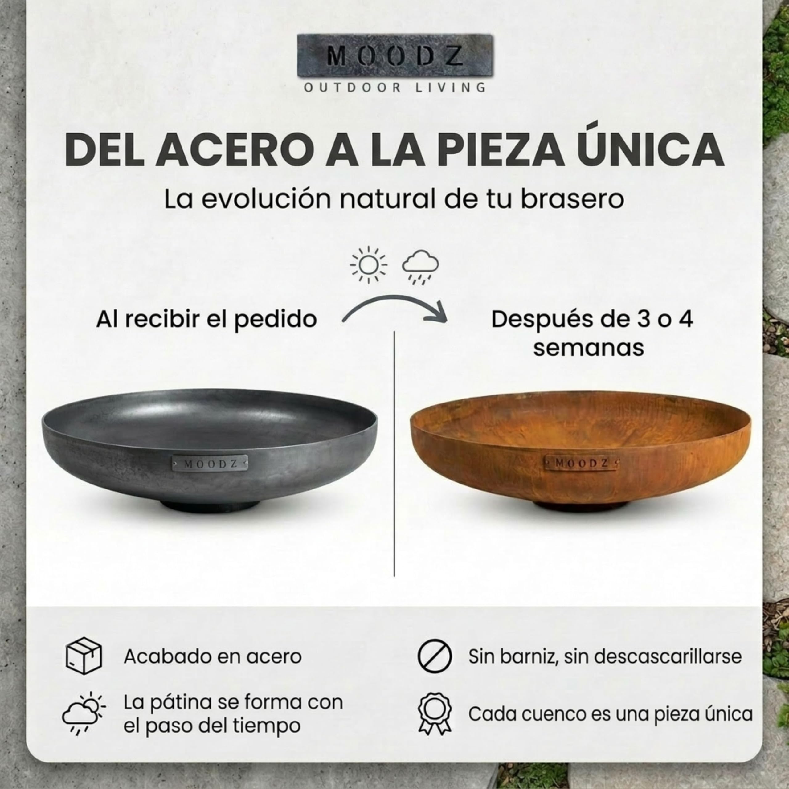 MOODZ Brasero de Exterior en Acero Corten Ø 100 cm - Pozo de Fuego Robusto de 3 mm de Espesor - Fogón de Jardín Resistente a la Intemperie - Gran Cuenco de Fuego para Terraza y Patio