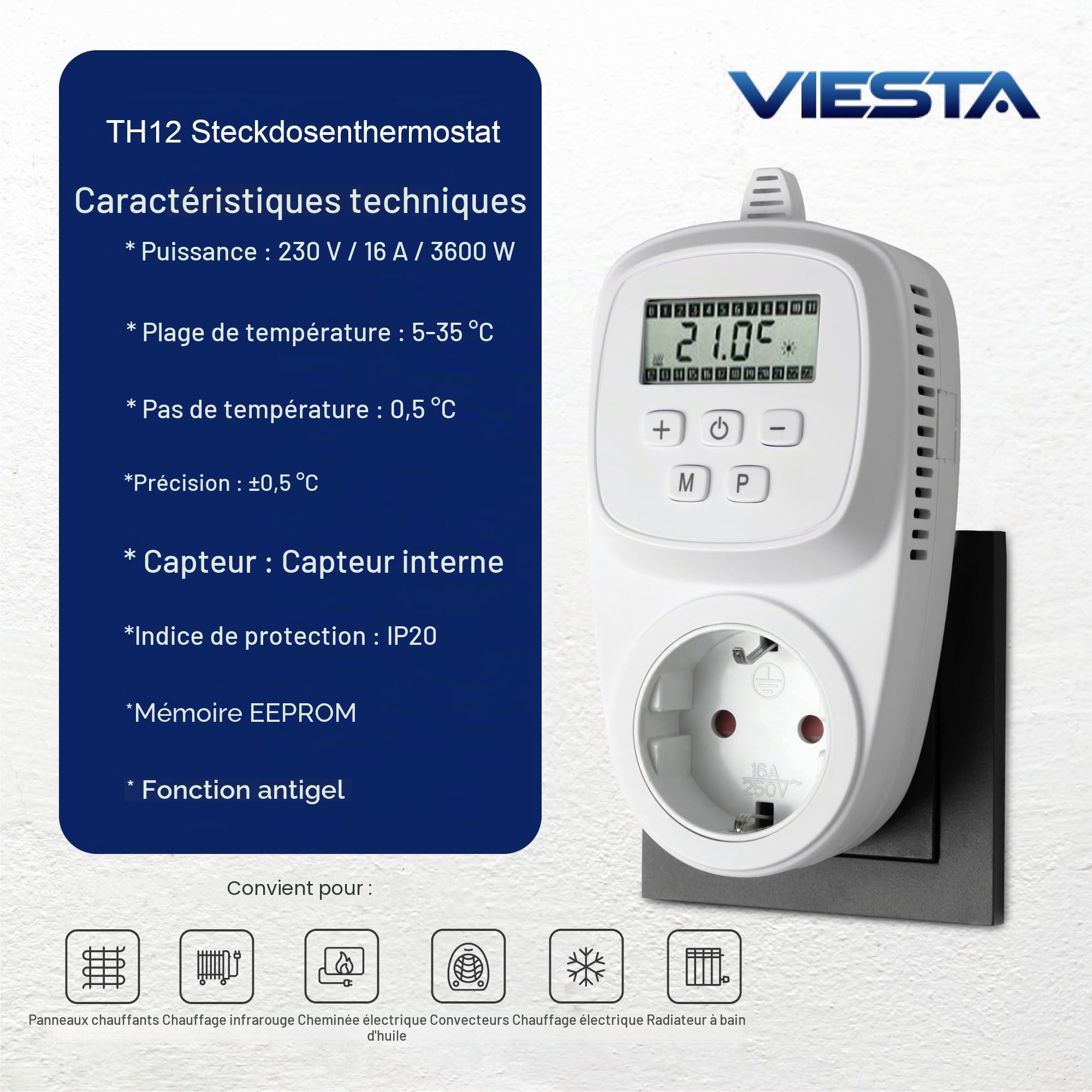 VIESTA® TH12 thermostat prise, programmable, 7 jours, 230 V / 16 A / 3600 W, 5–35°C, 0,5°C, écran LCD, EEPROM, protection antigel, pour chauffages électriques, panneaux chauffants
