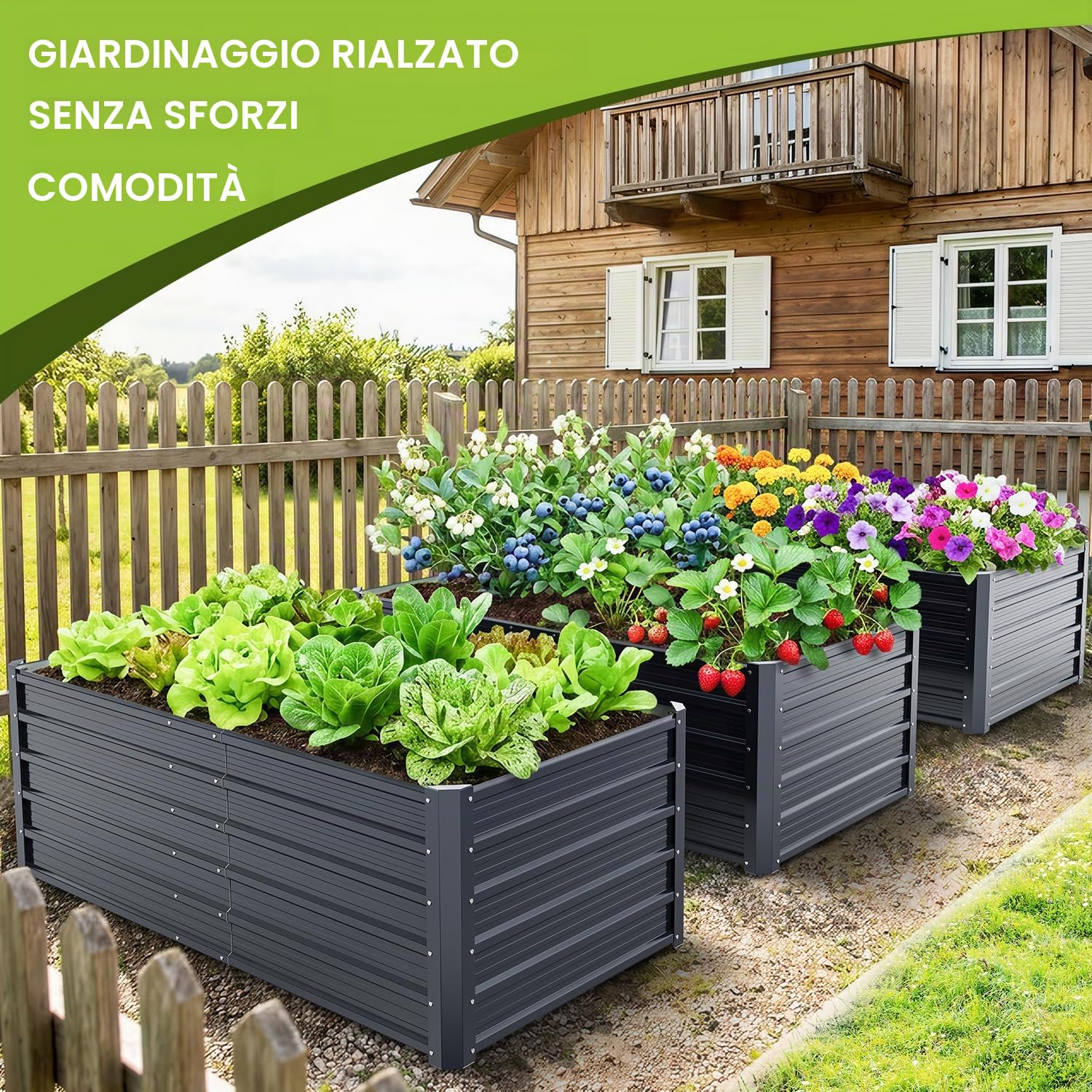 Ohuhu Fioriera Rialzata per Esterno, Cassetta da Giardino in Acciaio Rivestito Rinforzato 180x90x60 cm, Letto da Giardino in Metallo Rivestito Antiruggine per Verdure, Fiori e Sukkulent Grigio