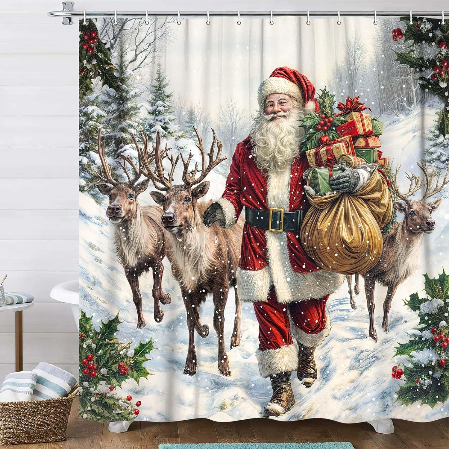 JAWO Christmas Shower Curtain Bath Curtains Set Bathroom Holiday Decor Waterproof Fabric Shower Curtains with Hooks