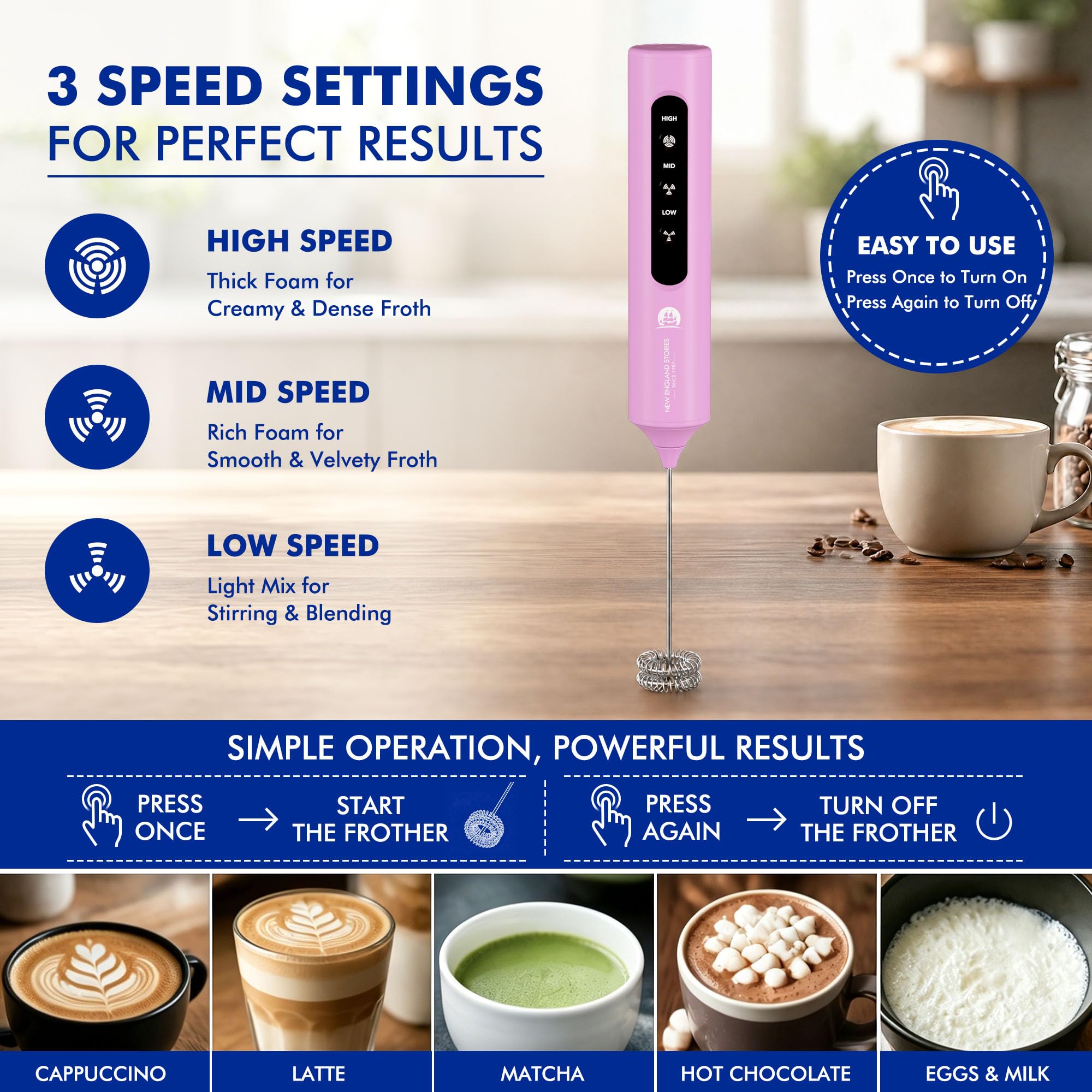 Espumador de leche recargable con soporte, 4 batidores intercambiables y estuche de viaje, batidor de mano para latte, matcha, chocolate caliente, huevos y batidos de proteínas
