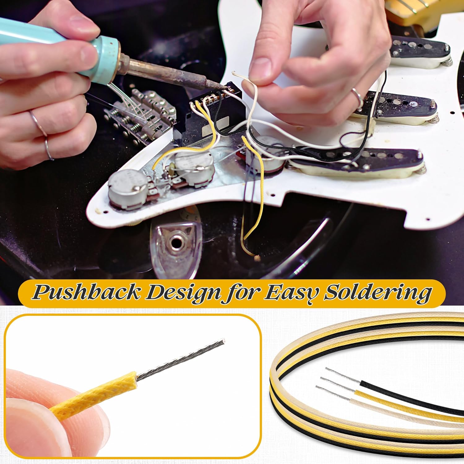 Enhon 60FT Cloth Covered Pushback Guitar Wire Set, Vintage Style Waxed Braided Guitar Wiring Kit, 22AWG Pre-tinned Stranded Copper Wire for Electric Guitars (20ft Black/20ft White/20ft Yellow)