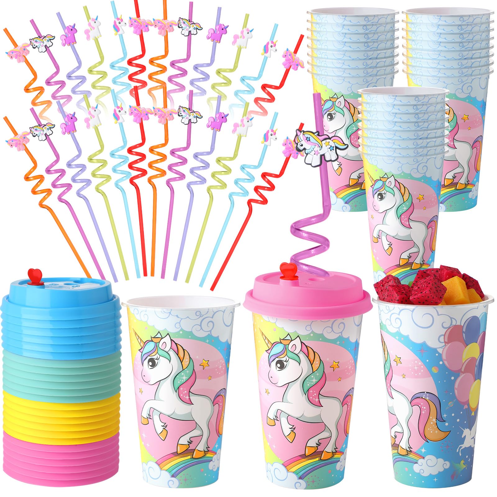 Maxcheck 36 Sets 16 oz Unicorn Cups Birthday Party Favors with Colorful Lids and Straws for Birthday Decorations Rainbow Plastic Cups Reusable Plastic