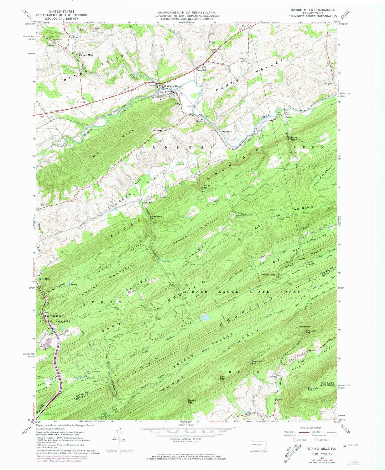 YellowMaps Spring Mills PA topo map, 1:24000 Scale, 7.5 X 7.5 Minute, Historical, 1966, Updated 1973, 26.9 x 22.1 in - Tyvek