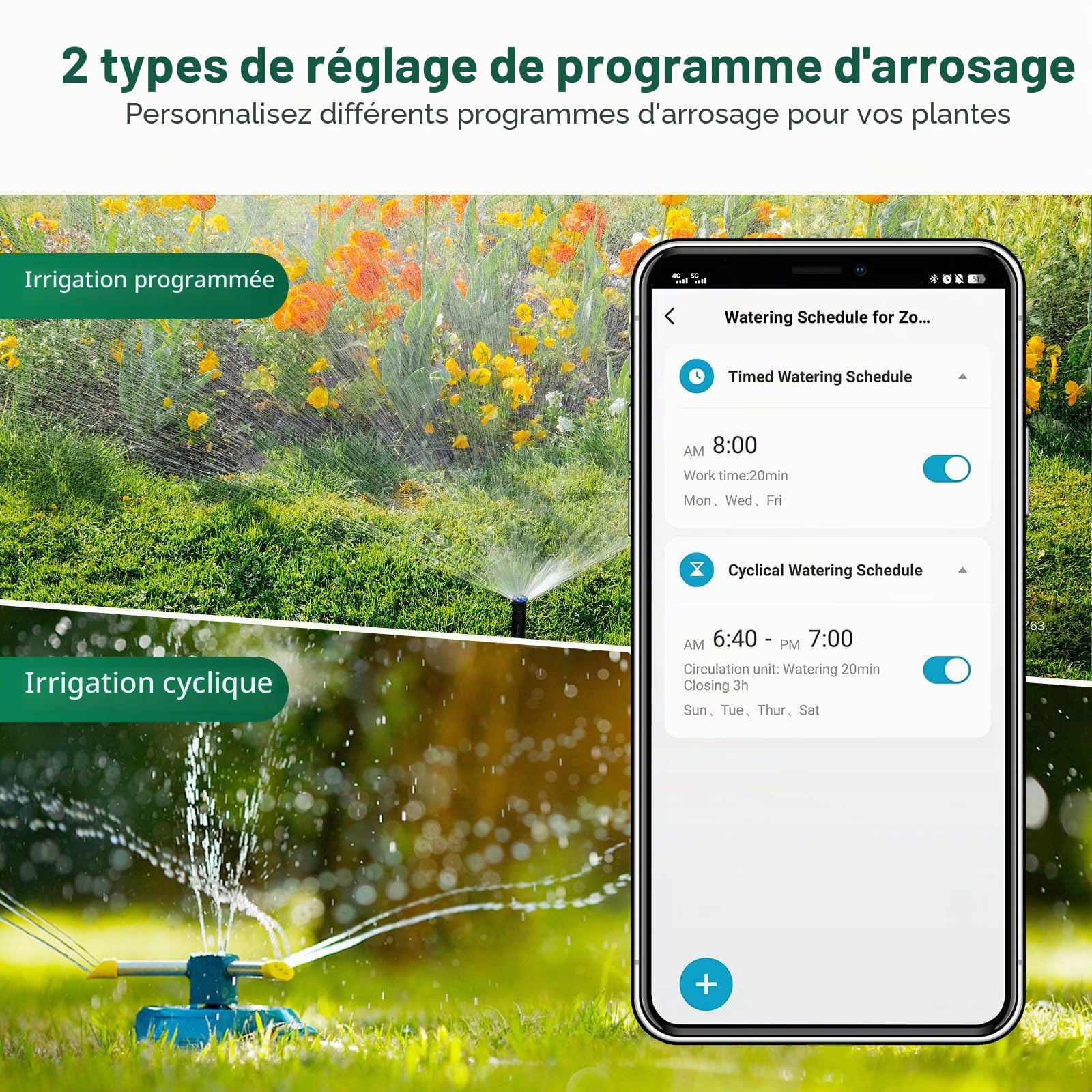 Haozee Minuteur d'eau intelligent WiFi - 2 zones - Minuterie d'arrosage WiFi - Minuteur intelligent pour l'eau - Système d'arrosage automatique de jardin