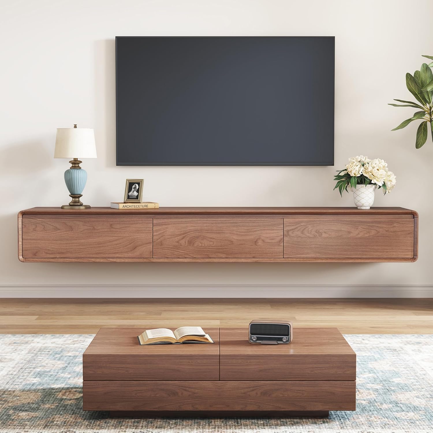 Floating TV Stand - Wall Mounted Mid Century Entertainment Center with 3 Storage Drawers, Modern Media Console Fits 65-85 Inches TV for Living Room (Walnut, 78.74") - Image 9
