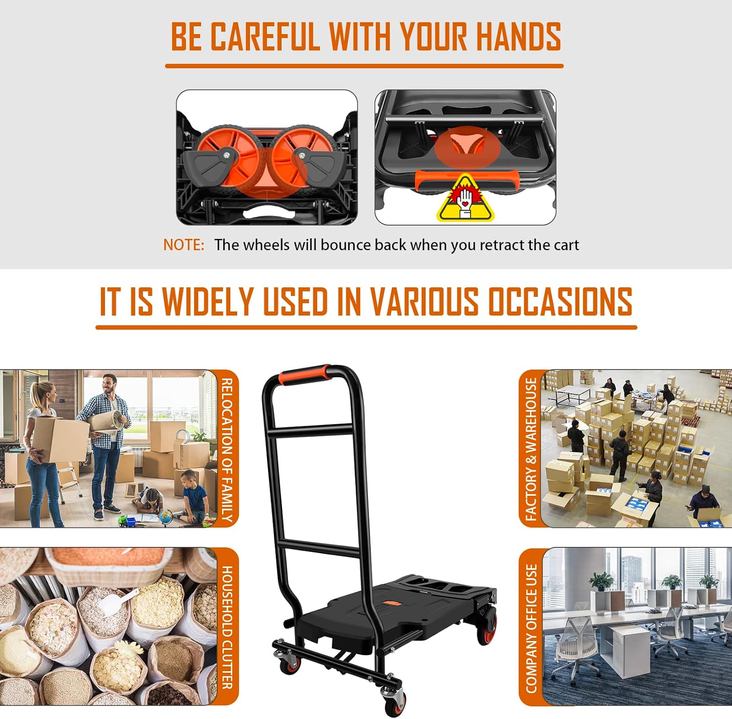 Folding Hand Truck, Dolly Cart Heavy Duty with 440lbs Capacity & 4 Wheels, Portable Hand Truck Dolly, 2in1 Transform Hand Cart, Collapsible Small Platform Cart for Home/Office/Travel Use, Easy Storage