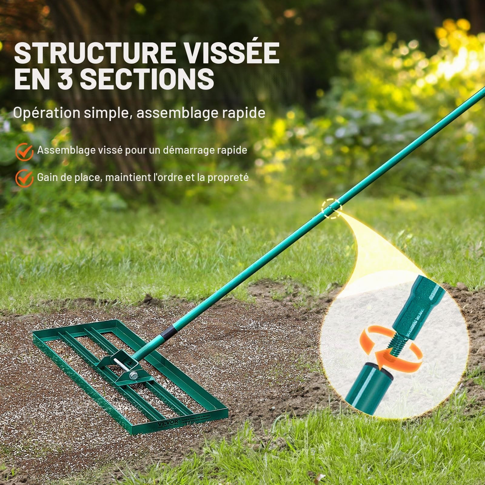 VEVOR Râteau de Nivellement de Pelouse 914x254 mm Raclette à Gazon Manche en Acier 1981 mm Plaque de Base Alliage Aluminium Râteau Niveleur de Pelouse Robuste pour Terrain Cour de Golf Jardin Champs