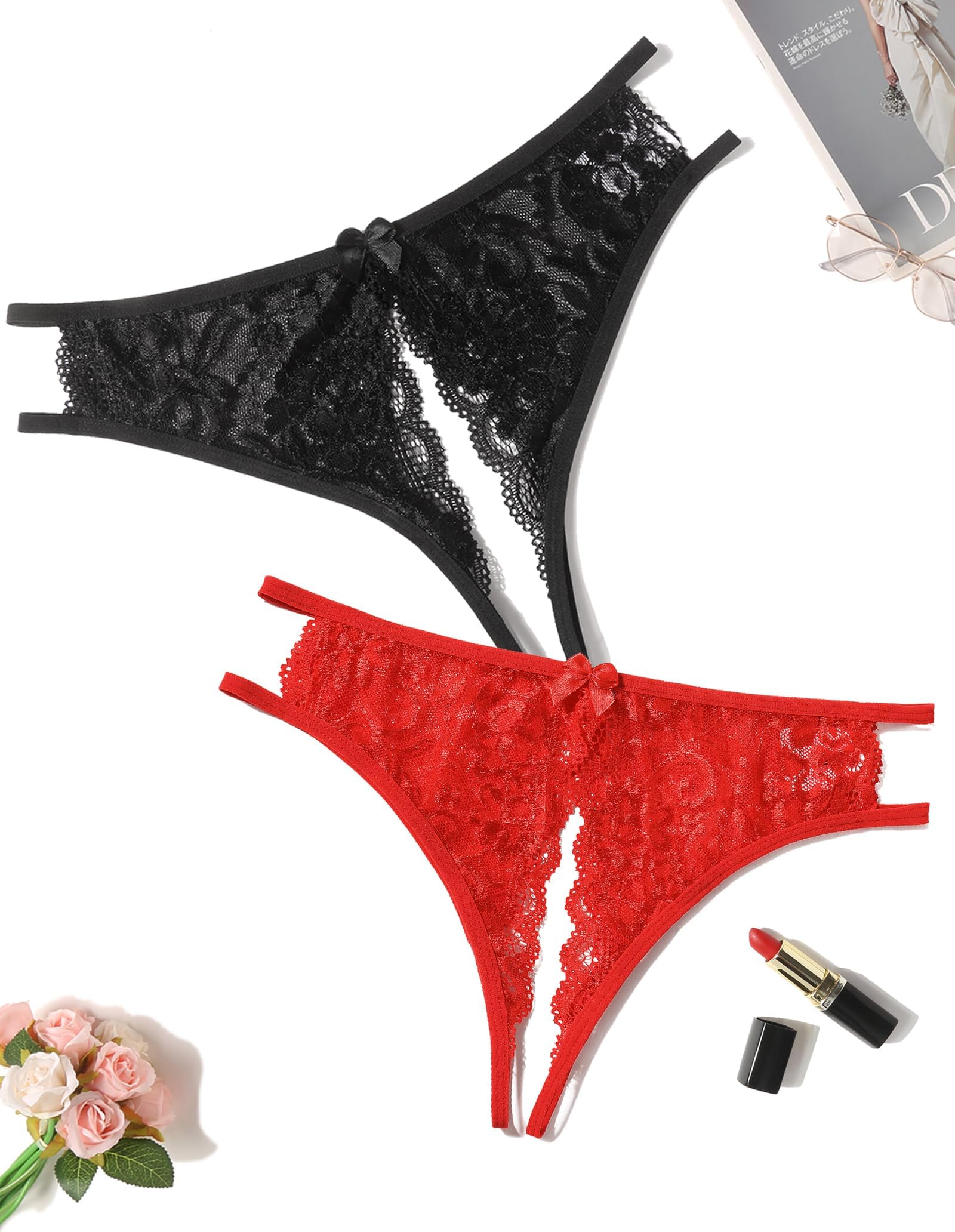 Women Lace Panties Sexy Thong Underwear Floral Lace Briefs with Cute Bow Center