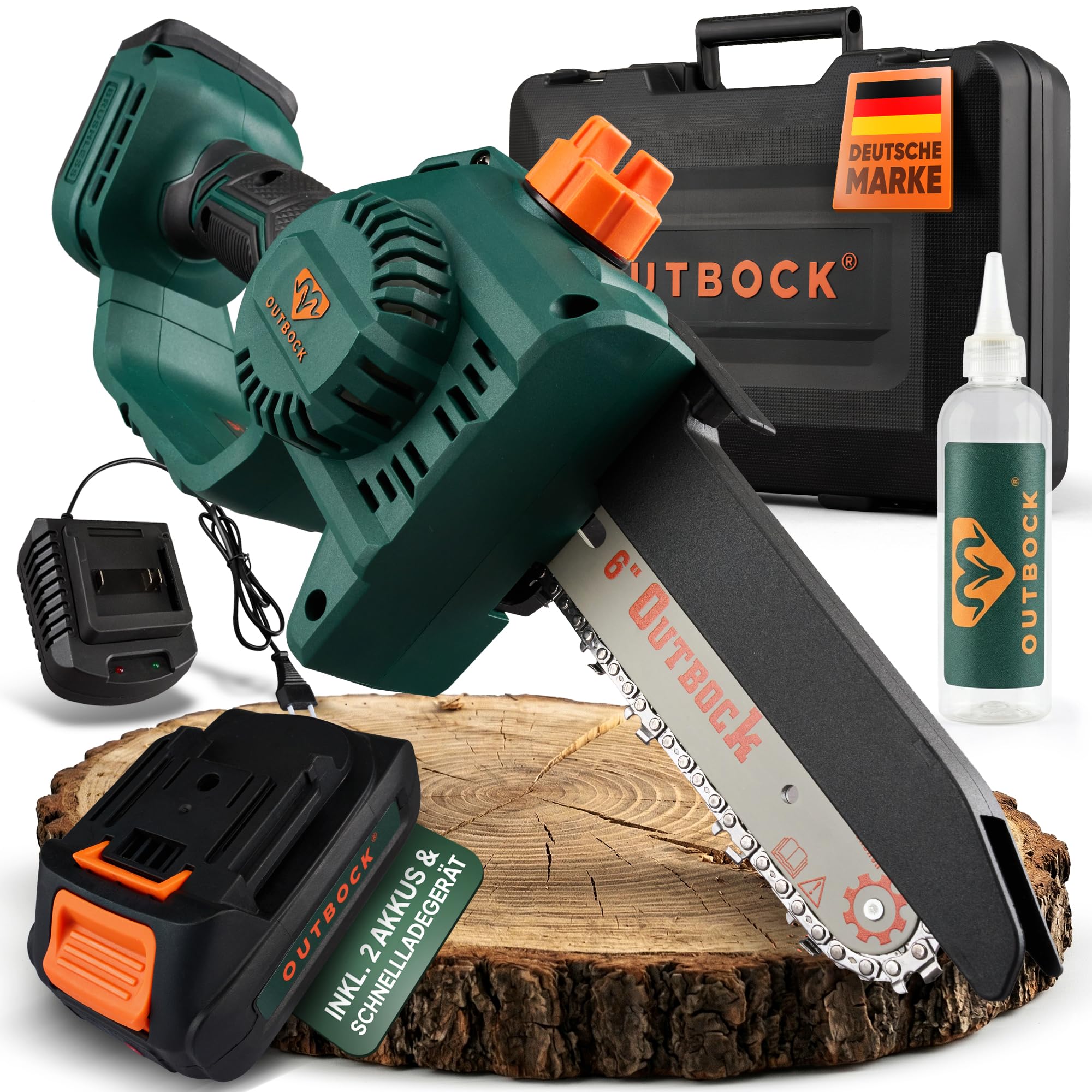 Mini Kettensäge Akku mit 2x 2.0 Ah Akkus | TÜV-Zertifizierte Einhand Kettensäge | Handkettensäge inkl. Schnelllader & Koffer | Automatische Kettenschmierung | Akku Astsäge für Gartenarbeit