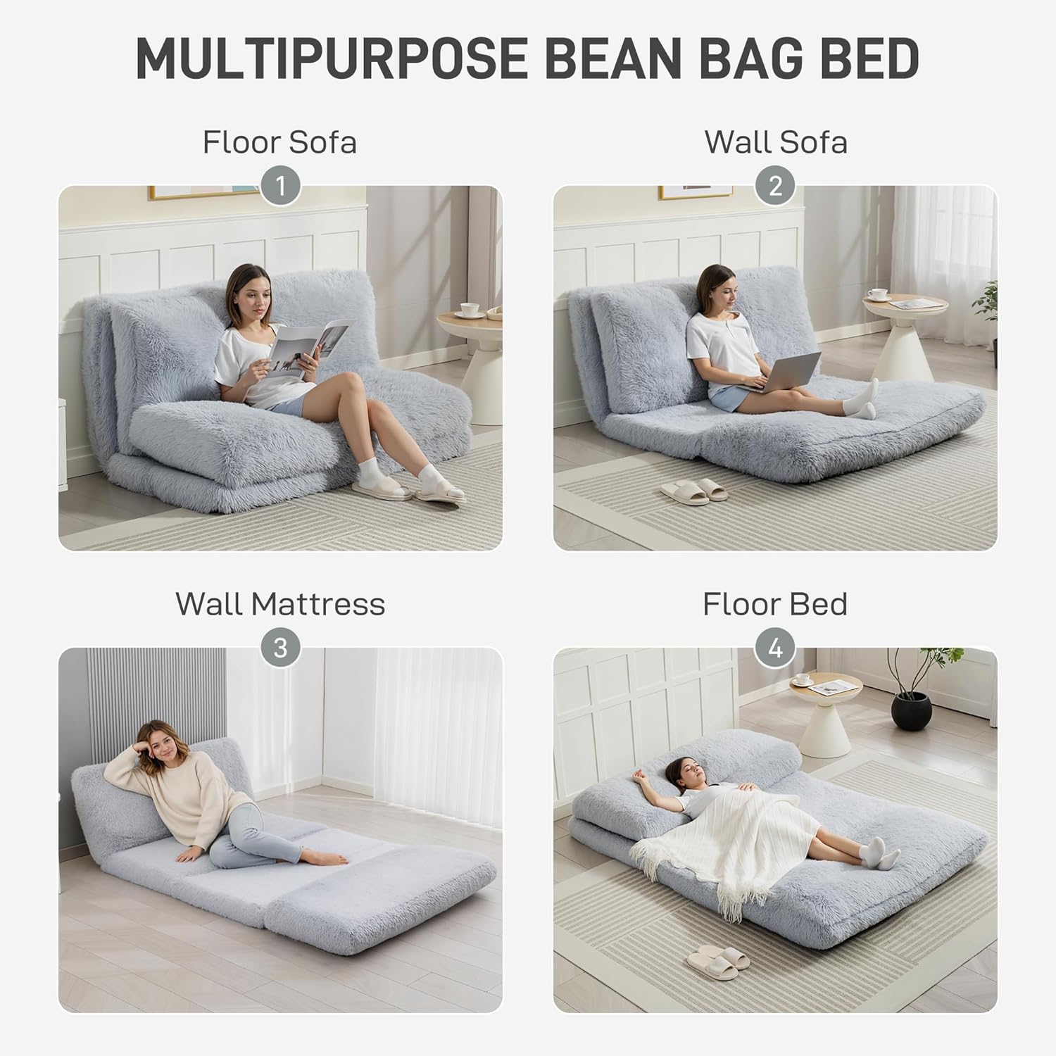 HOMCOM Bean Bag Chair Floor Sofa Bed for Adults, Thick Long Folding Sofa Bed 54 x102 in, Wall Couch Sleeper Chair Floor Mattress for Living Room, Light Gray