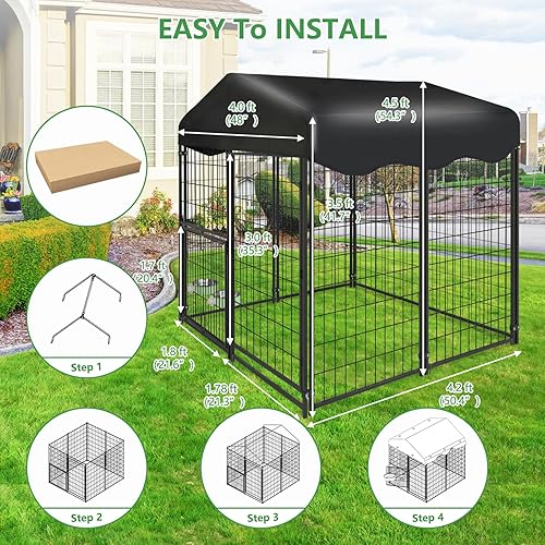 Miniatura 4 de Perrera para perros al aire libre, 4 x 4.2 x 4.5 pies, perrera exterior con techo, perreras grandes con puerta giratoria y 2 cuencos ajustables,