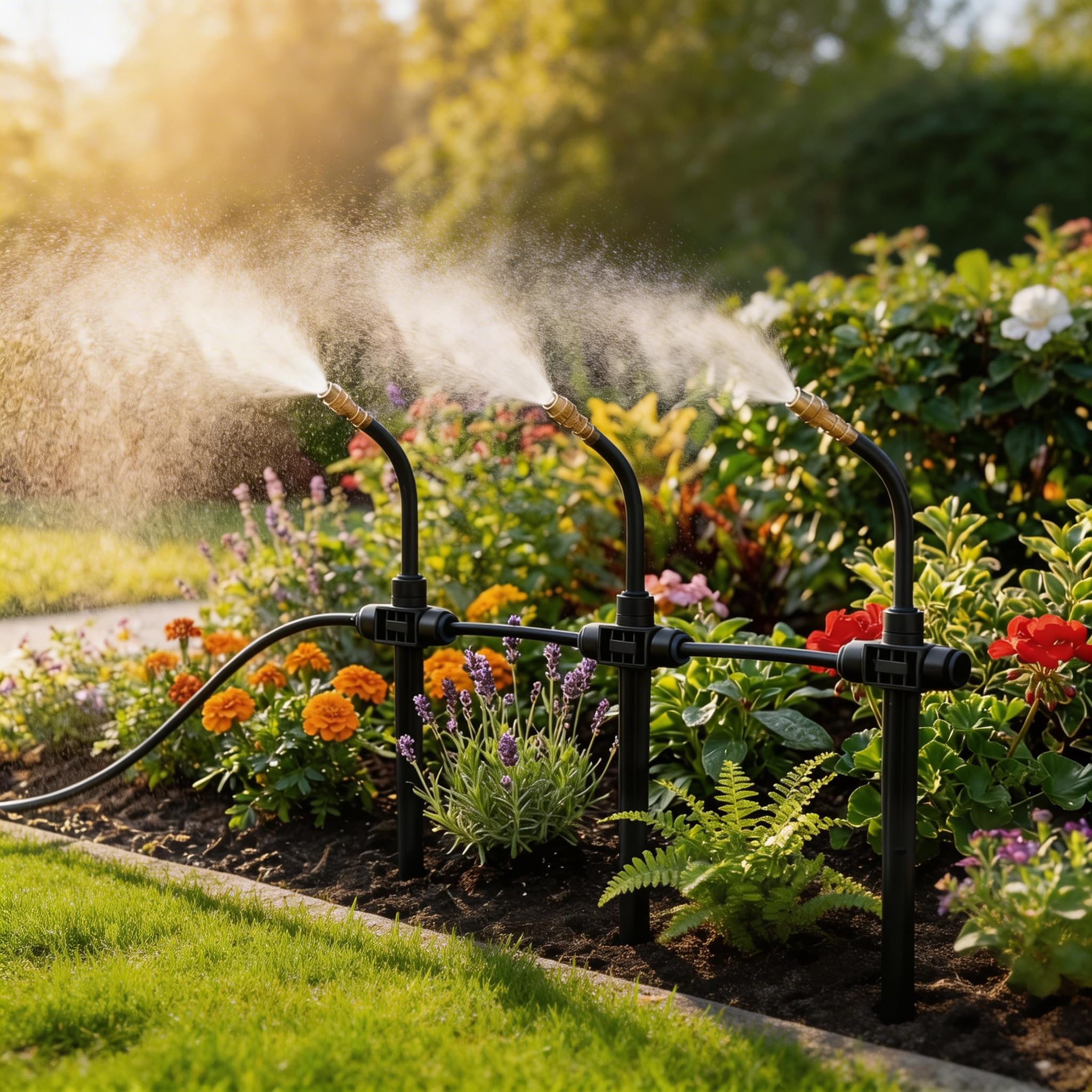 Sistema di irrigazione a goccia per giardino e balcone – regolabile a 360°, flusso controllabile; adatto per serre, aiuole e piante in vaso. (20M)