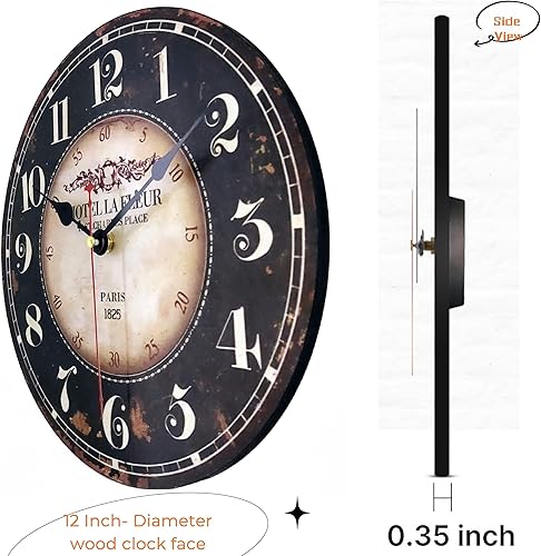 Miniatura 2 de Mrocioa Reloj de pared redondo negro de 14 pulgadas con grandes números árabes, relojes de pared de madera retro para sala de estar, oficina y