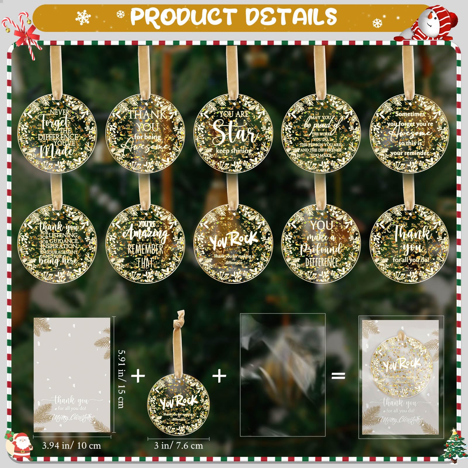 Kasyat Lot de 50 décorations de Noël à suspendre en acrylique doré - Cadeaux de remerciement pour employés, employés - Ornements de sapin de Noël avec cartes - Ornements de remerciement pour équipe,