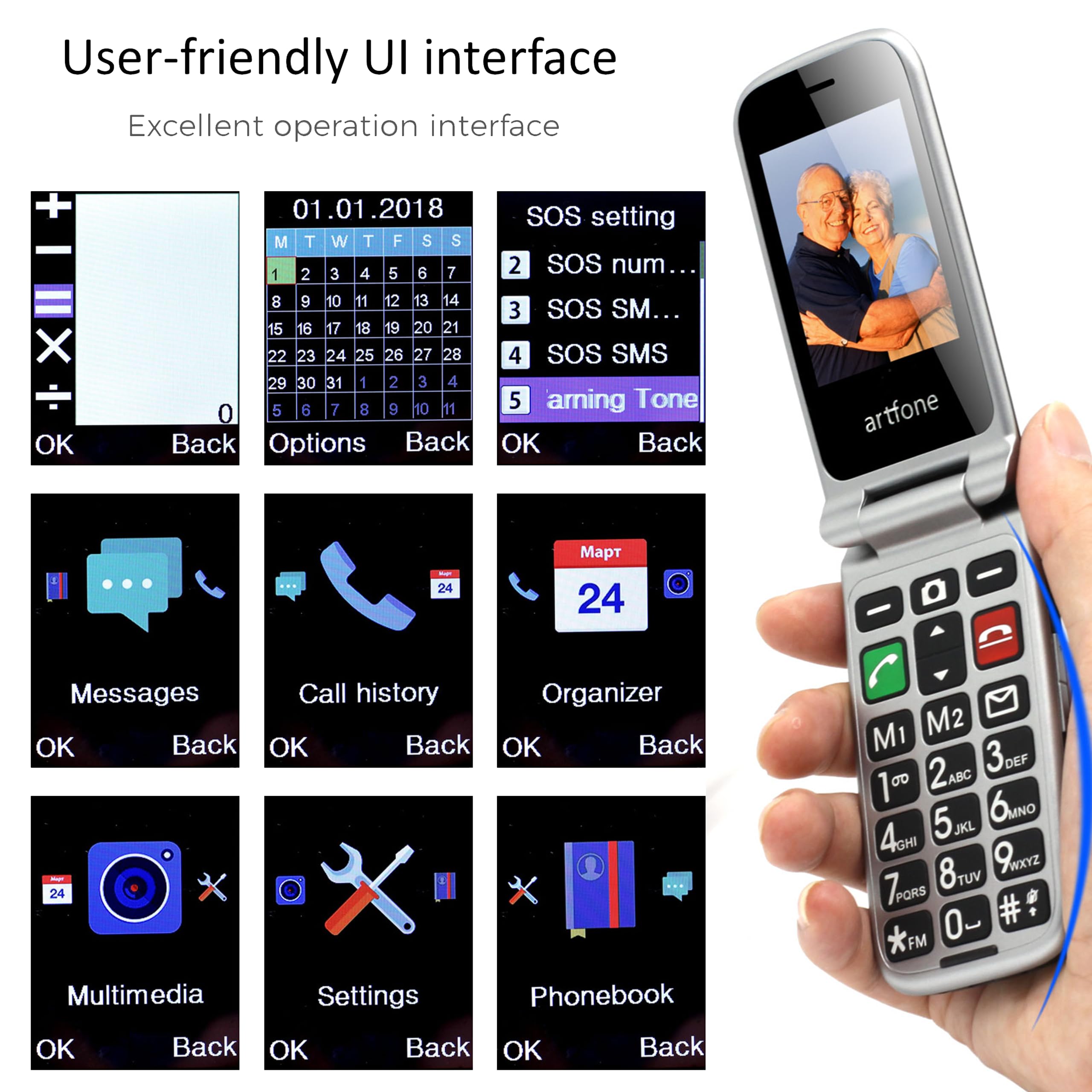 artfone Telefono Cellulare per Anziani a Conchiglia con Tasti Grandi Funzione SOS volume alto 2.4" Display Doppia scheda SIM sbloccata Fotocamera Torcia elettrica Facile da Usare Flip CF241A Nero