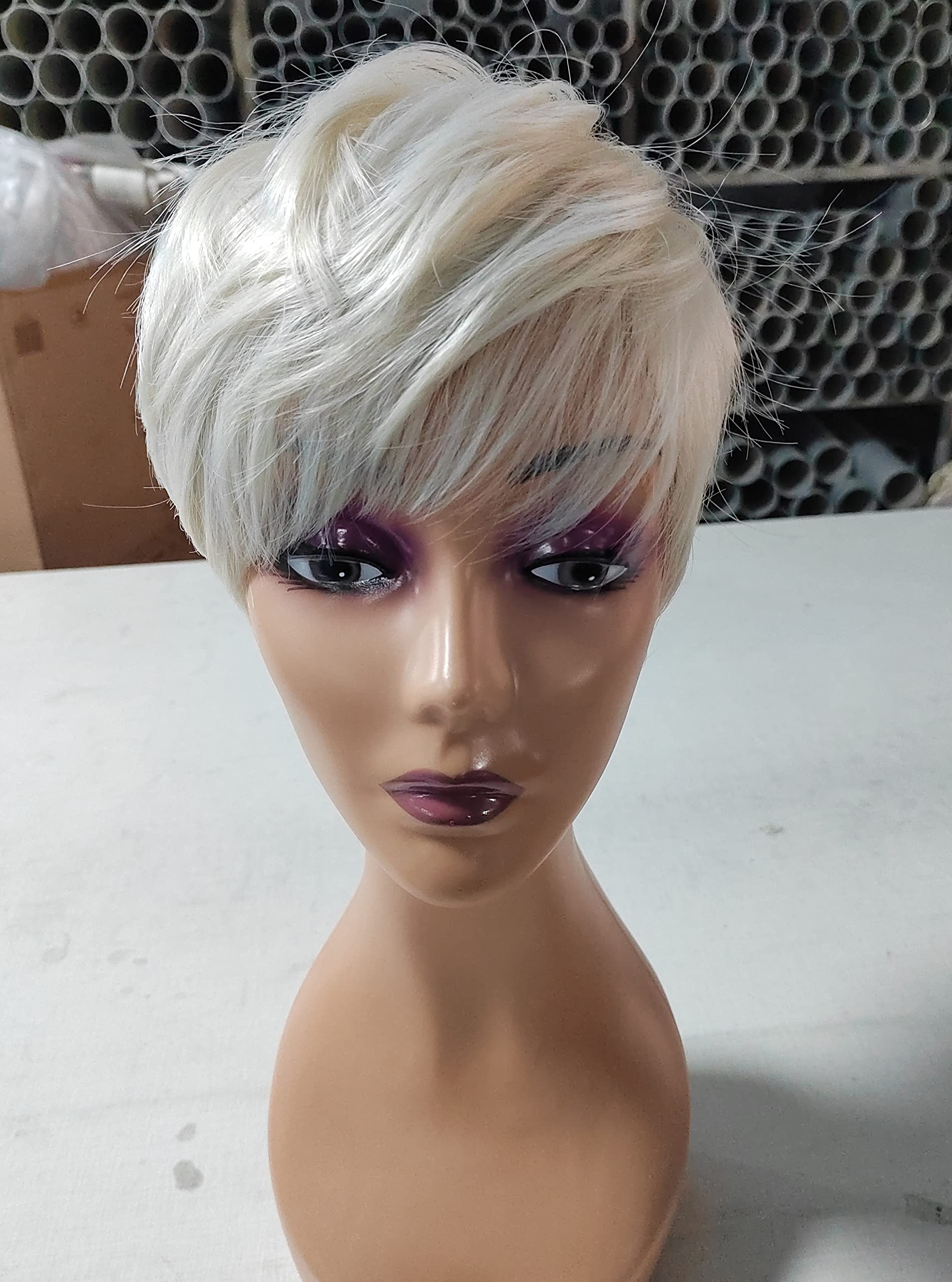 BeiSD Short Pixie Cuts Hair Wig for Women and Girls With Bangs - Synthetic for Black/White Women (X1033), Creamy White, 23.6 inches - Image 3