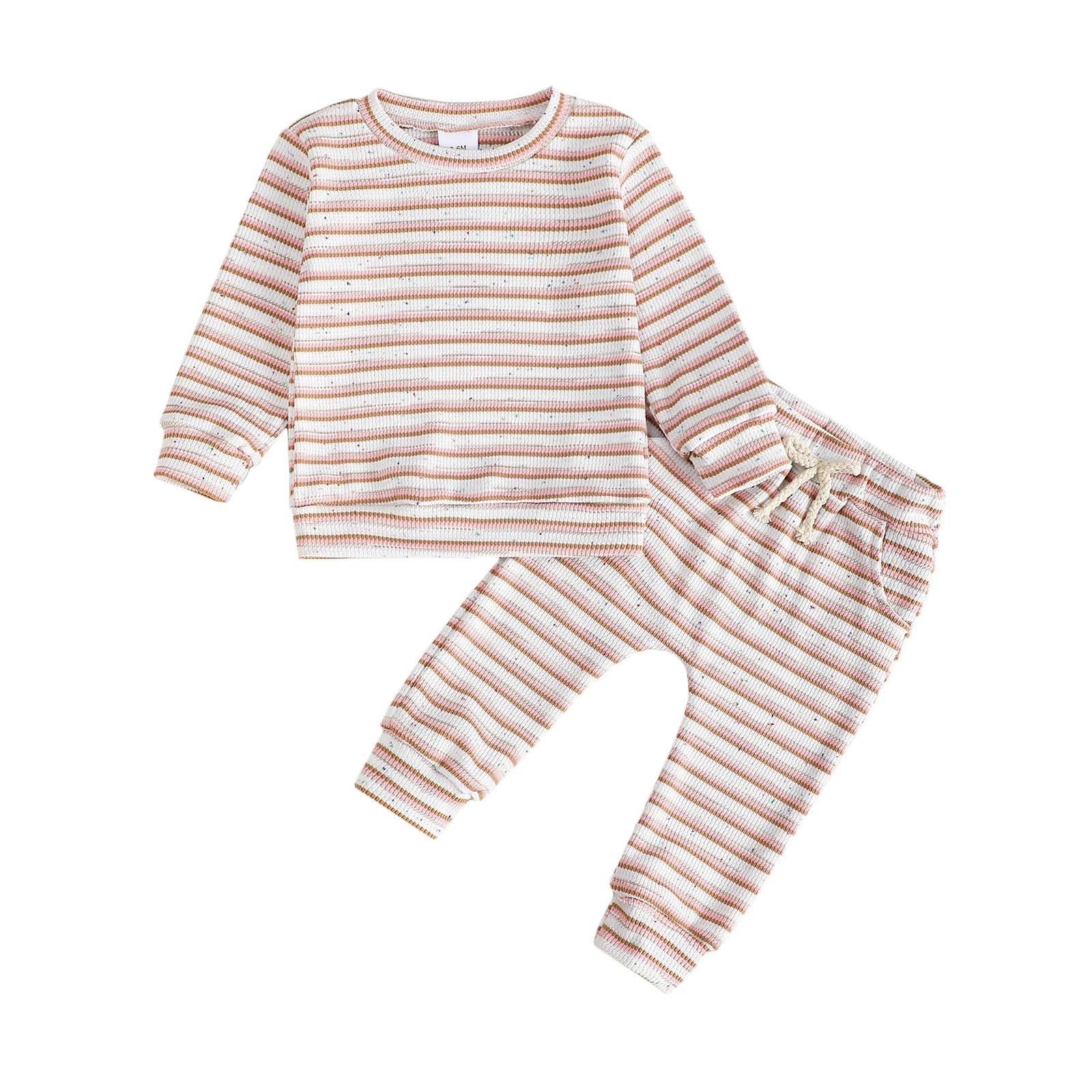 Baby Girl Boy Clothes Set Toddler Fall Winter Outfit 2 Piece Striped Long Sleeve Shirt & Pants with Pockets