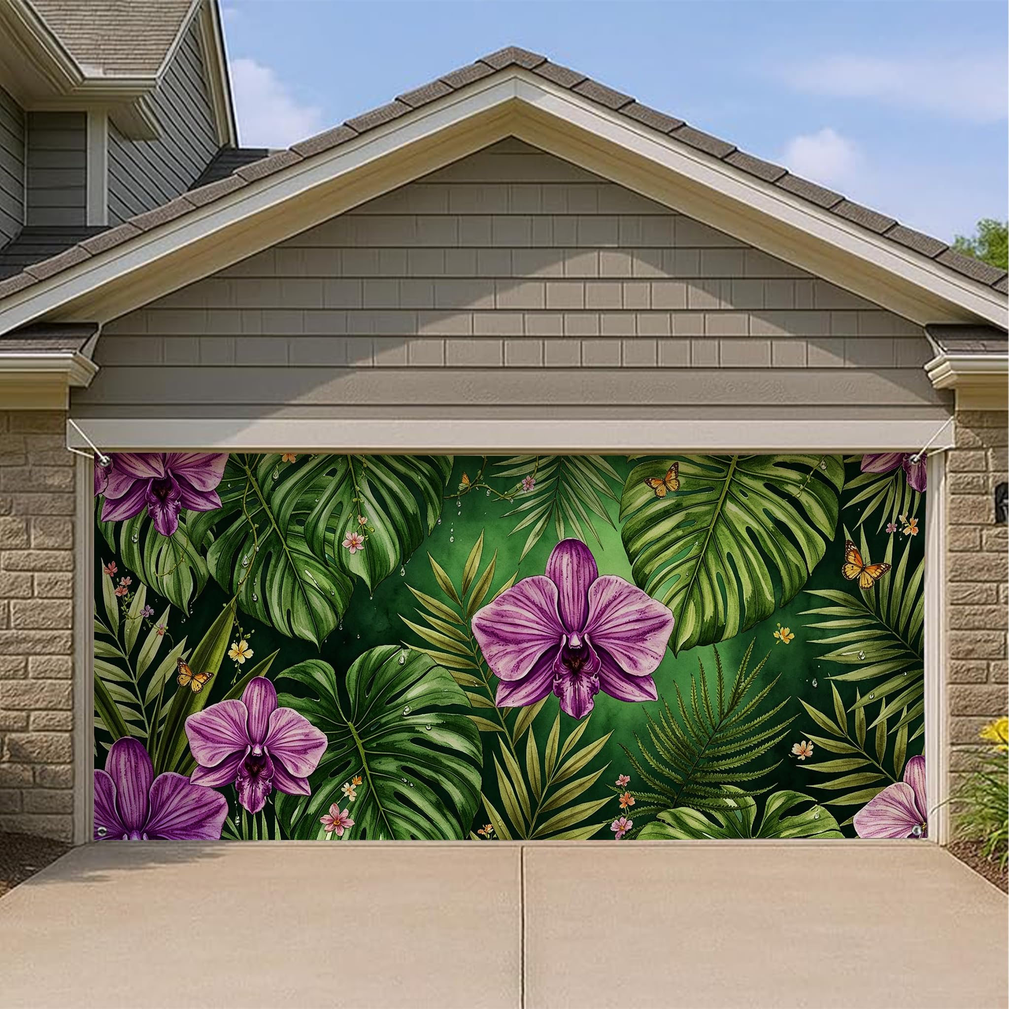 Grandes décorations de porte de garage plantes vertes et orchidée tropicale d'été