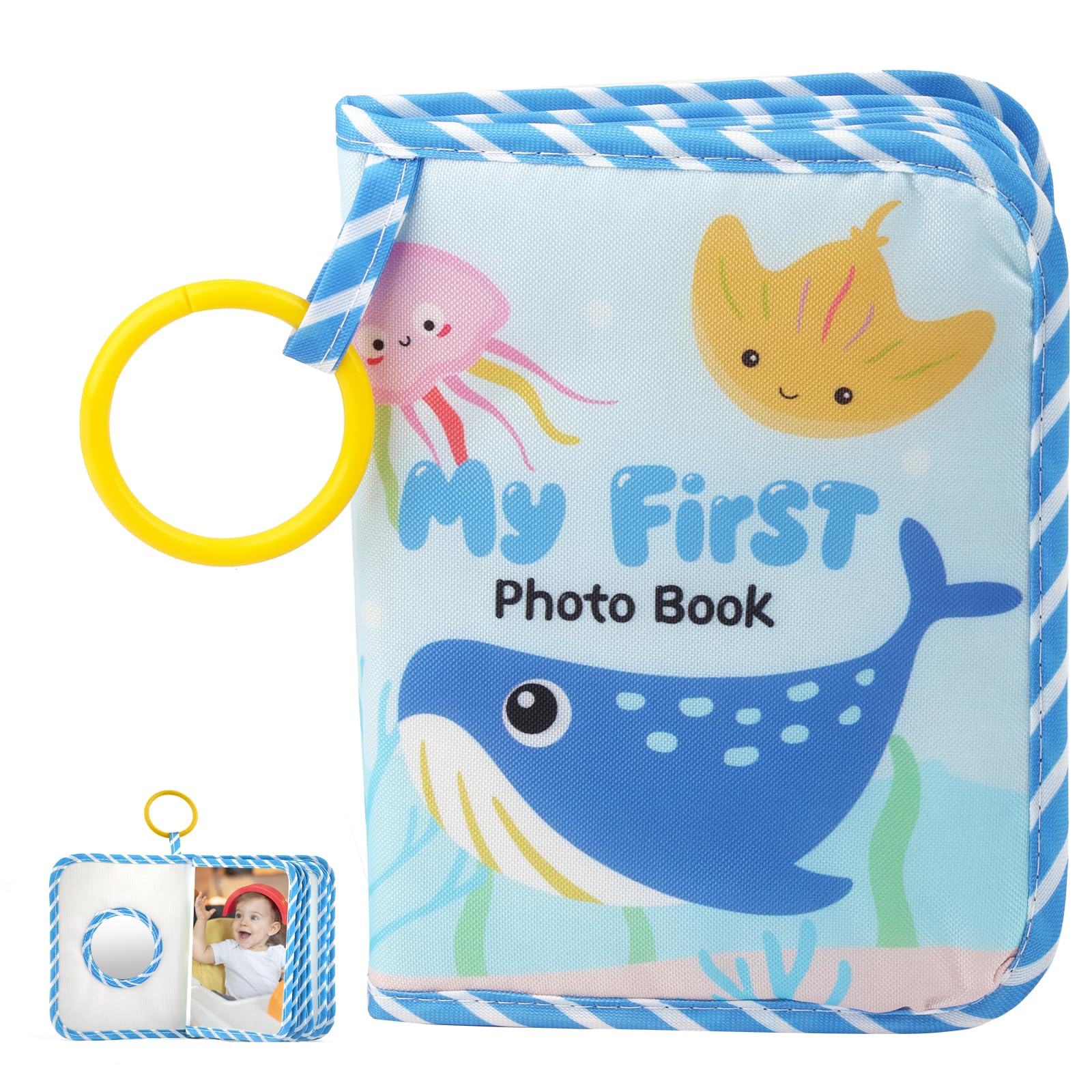 Fotoalbum Baby Stoff für 17 10×15 cm Fotos, Fotoalbum Einsteckalbum mit Sicherheitsspiegel & Beißring, Weiches Fotobuch Baby für Neugeborene, Babys & Kleinkinder(Ozean)
