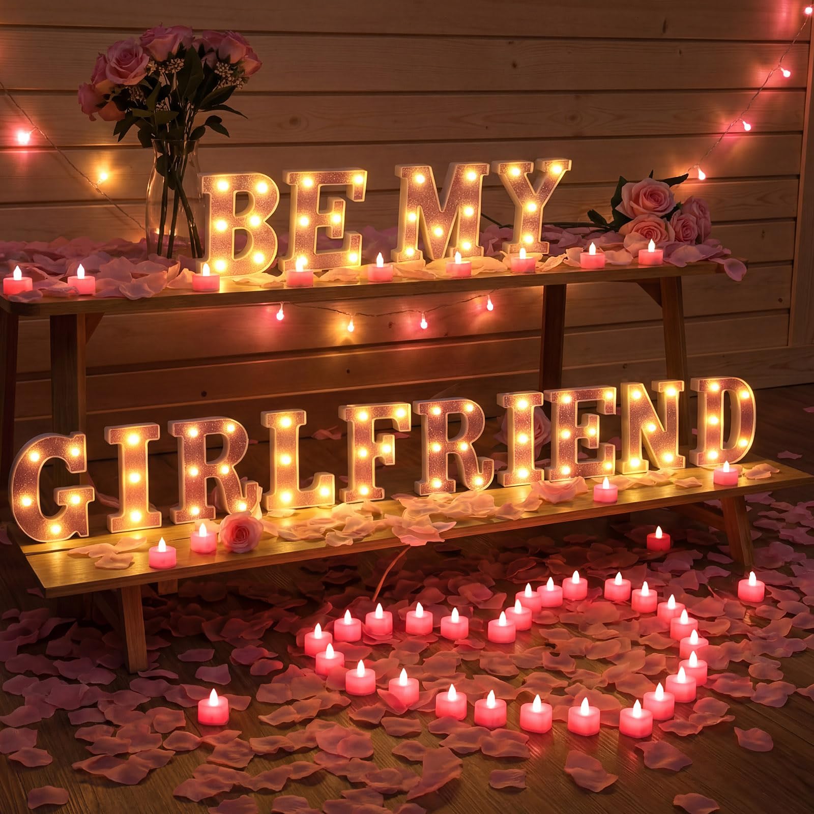 Ceenna 6038 letras iluminadas con texto en inglés "Be My Girlfriend", 24 letreros LED con 24 velas de corazón sin llama, 6000 pétalos de rosa artificiales, decoración romántica para el día de San