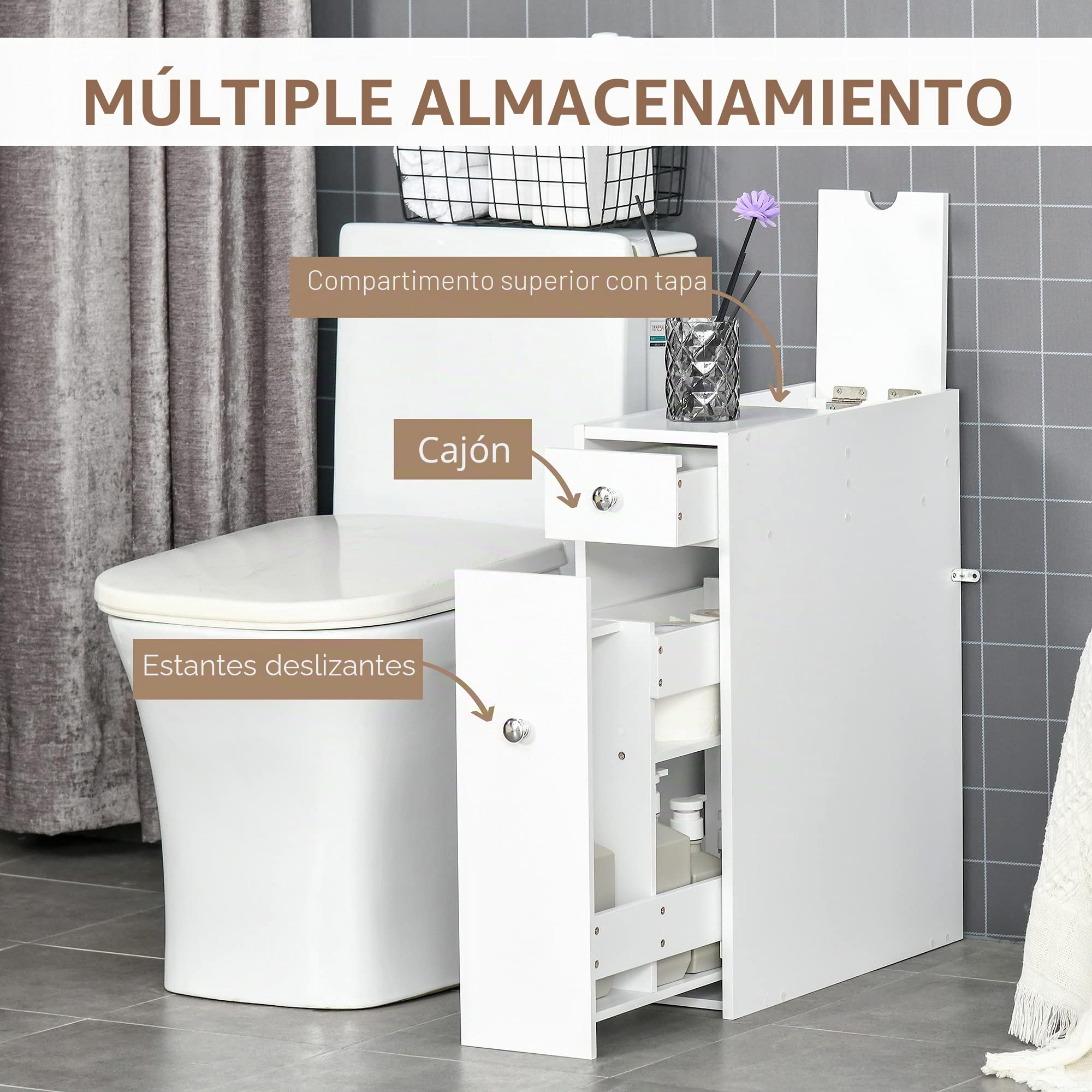 HOMCOM Armario Auxiliar de Baño Mueble de Baño Estrecho con 2 Cajones y Compartimiento Superior con Tapa para Lavabo Ducha 17x48x58 cm Blanco