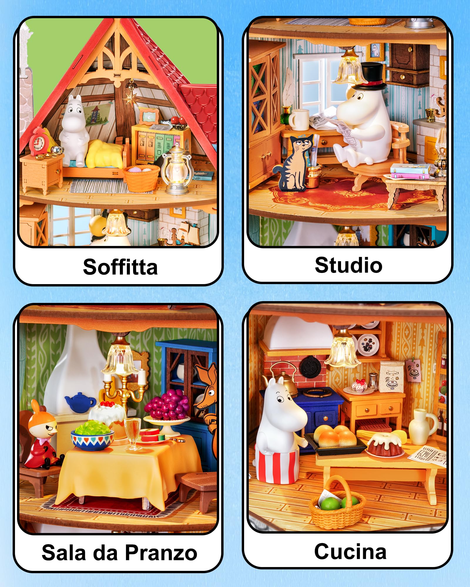 Rolife DIY Miniatura Casa delle Bambole Moominhouse 441 Pezzi | Puzzle 3D Legno Ufficiale Moomin, Casa Moomin a 4 Livelli con LED e 4 Statuine, Kit Fai da Te senza Colla, Regalo Adulti