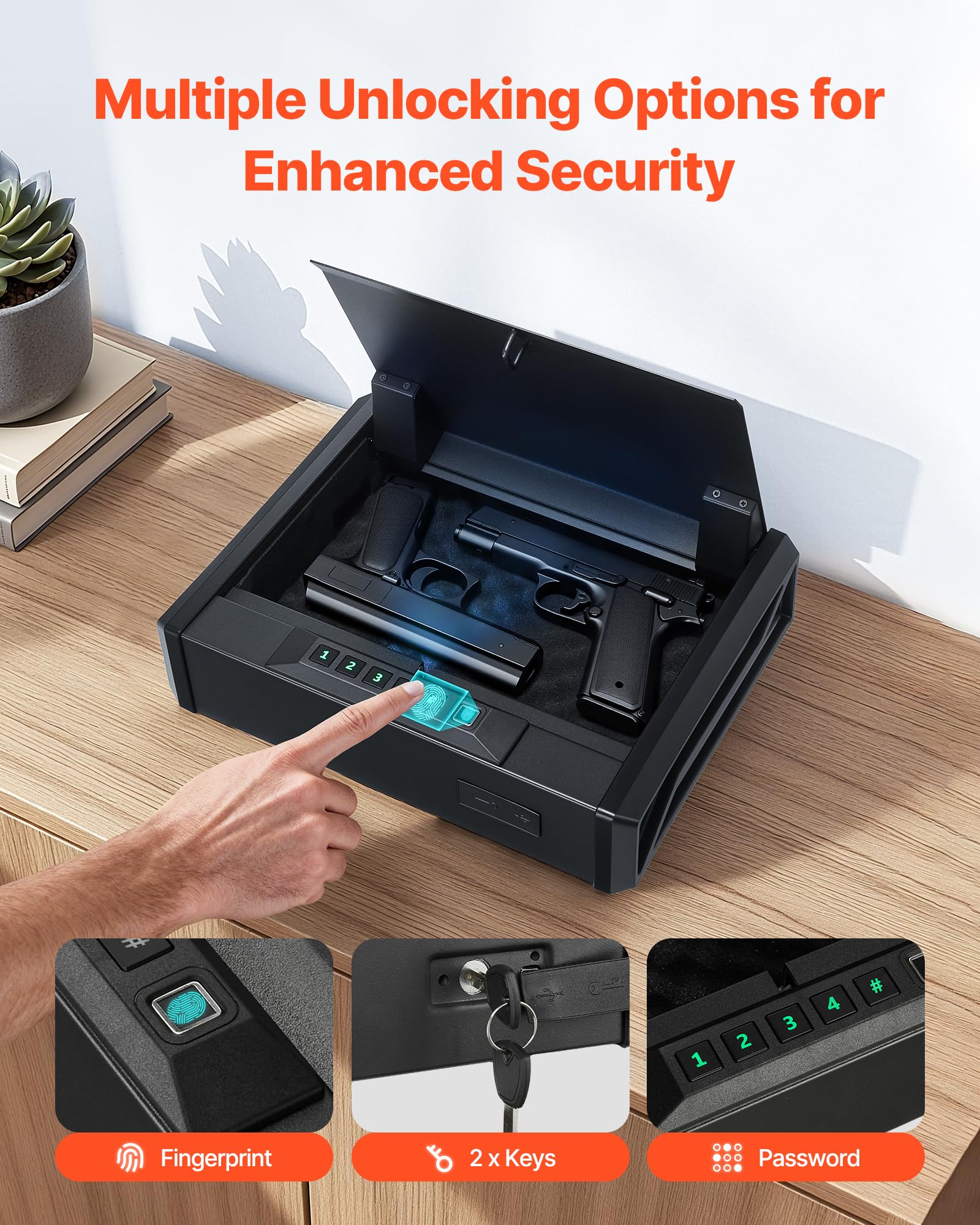 VEVOR Cassaforte per Pistola con Impronta Digitale Password Codice a Quattro Cifre Chiave, Cassaforte per Pistole con Illuminazione per 2 Pistole 2 Caricatori 360 x 275 x 90 mm Uso Domestico