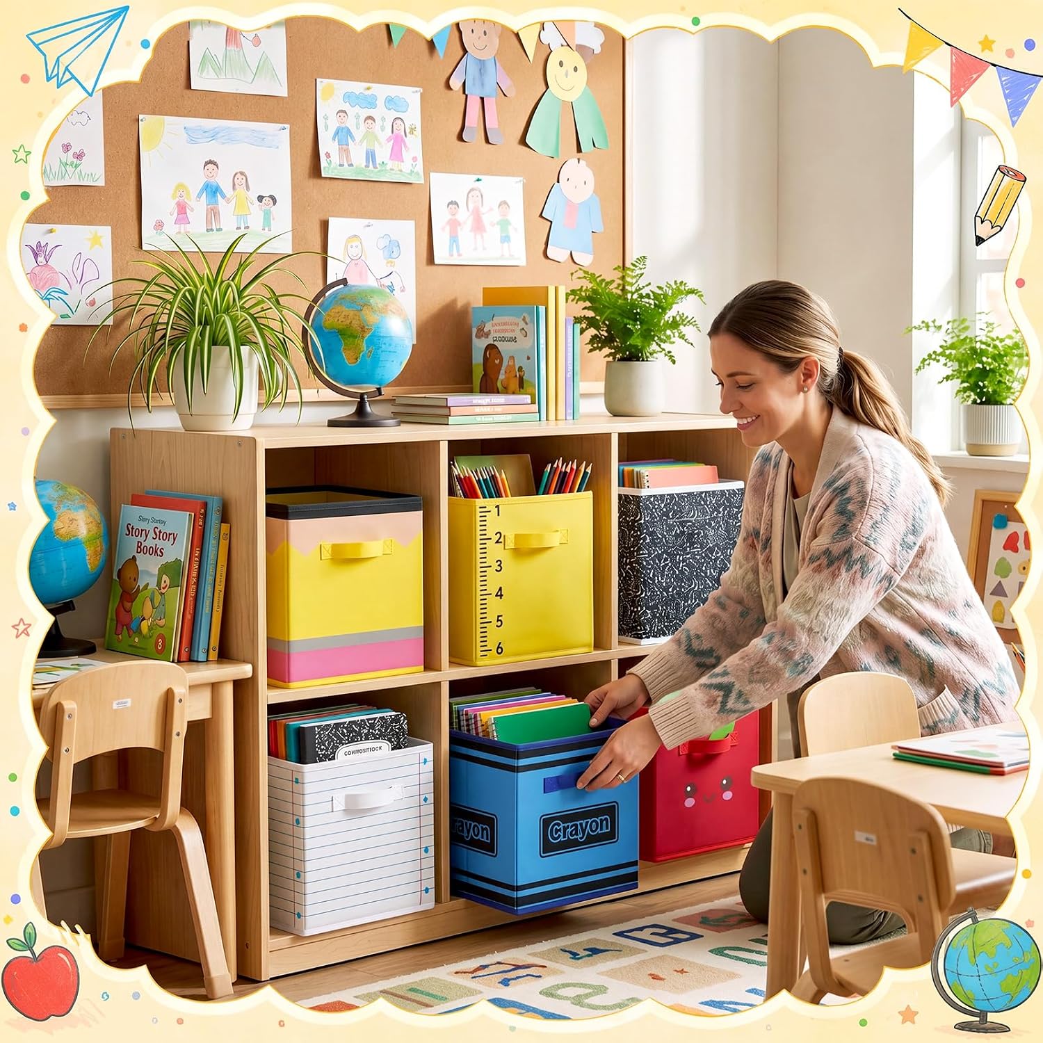 Mifoci 6 Pcs 11 Inch Fabric Storage Bins Colorful Pencil Crayon Foldable Baskets with Handle Notebook Collapsible Cubby Bins for Back to School Classroom Home School Organization(Colorful)