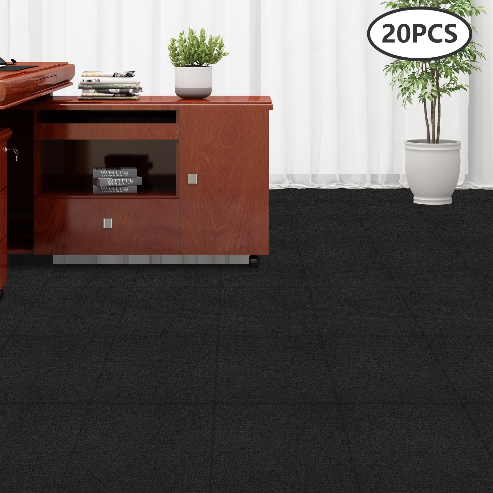 Azulejos de moqueta autoadhesivos, 50 x 50 cm, 20 unidades, fácil de cortar, alfombra cuadrada para el suelo de salones, pasillos, oficinas, hoteles (negro)