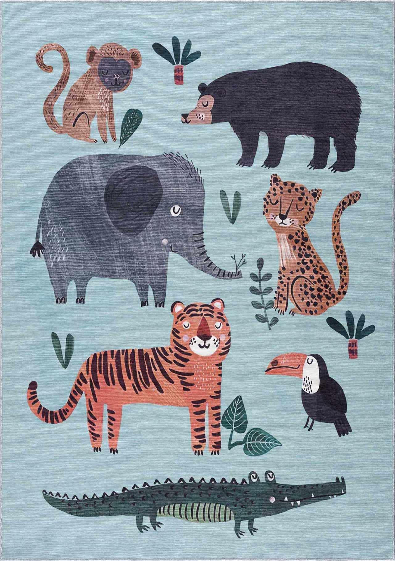 Hauteloom Petey Kids Room, Nursery Machine Washable Area Rug - Animals - Blue, Terracotta - 6'7" x 9'