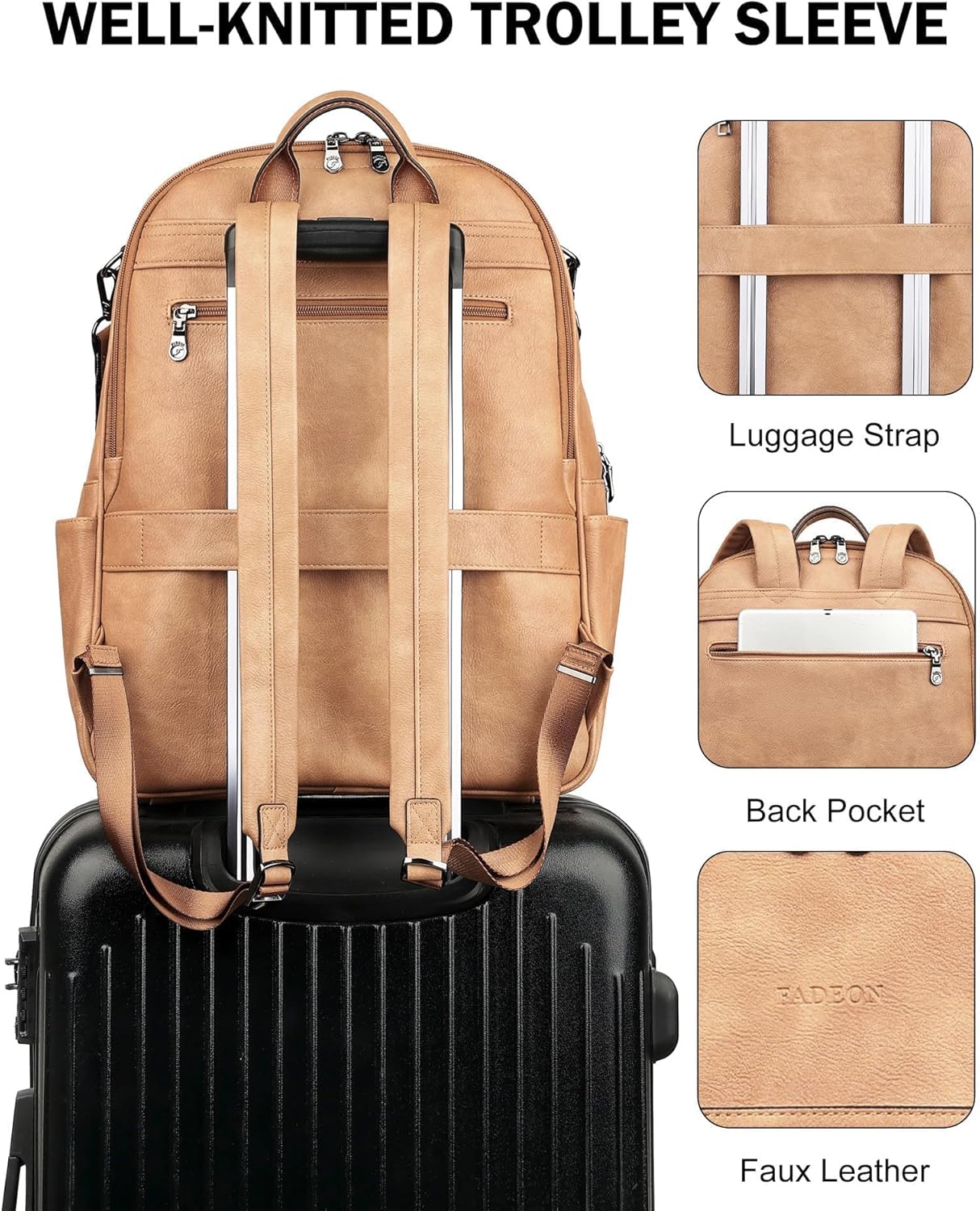 FADEON 15.6 inch Laptop Backpack Purse for Women Designer PU Leather Computer Backpacks Fashion for Work Travel Camel Brown - Image 7