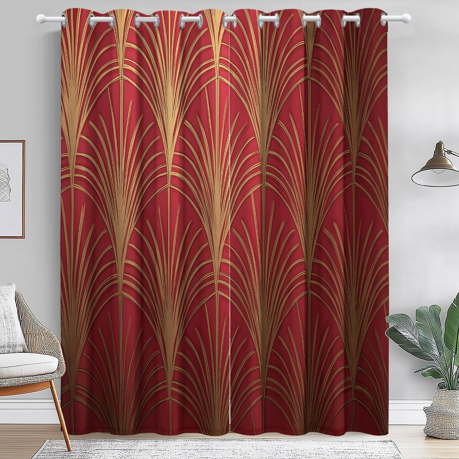 Éventail Élégant Et Luxueux Géométrique Rideaux Longs 140L X 260H cm (2 Panneaux), Tissu Occultant Thermique pour Baie Vitrée, Rouge Or