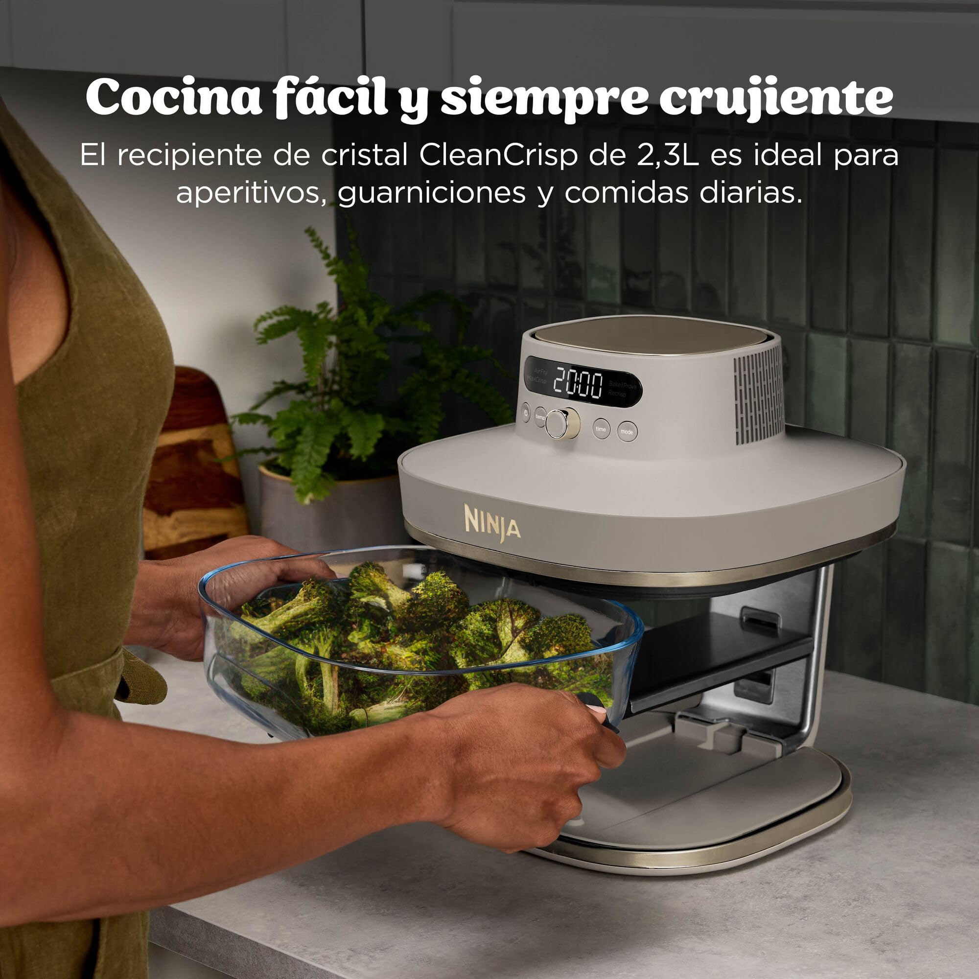 Ninja CRISPi PRO XL Freidora de aire, 5 funciones de cocción predefinidas, recipientes de cocción de cristal CleanCrisp de 5,7 y 2,3 l y tapas para almacenamiento, Dorado piedra AS090EUSD