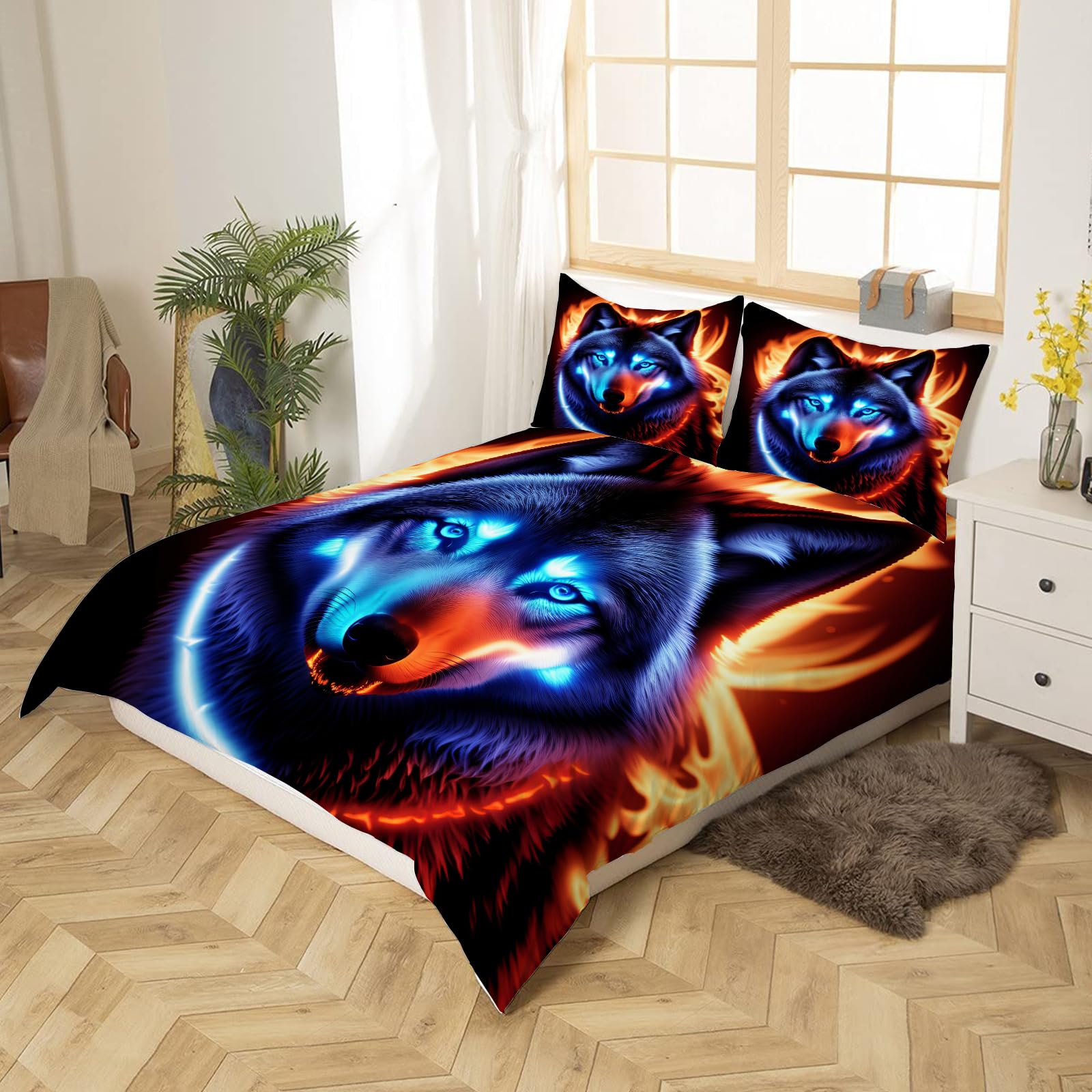 Housse De Couette 140x200 Loup 3D - Parure De Lit Microfibre 1 Personne Avec 2 Taies D'Oreiller