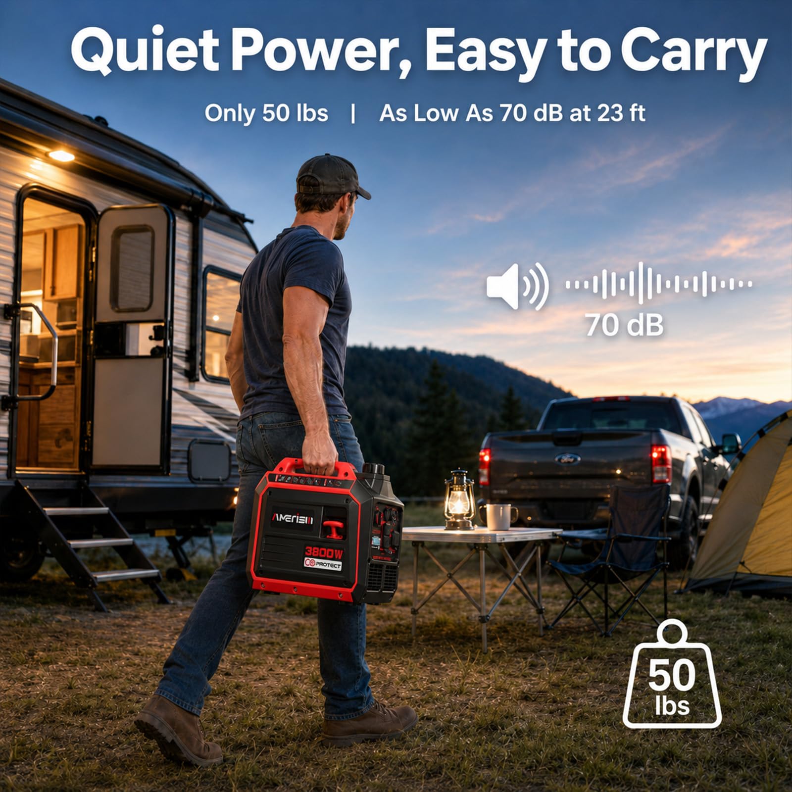 AMERISUN Generatore inverter portatile alimentato a gas da 3800 W, generatore silenzioso con sensore CO modalità ECO, capacità parallela, lunga durata, conforme EPA per tailgating casa campeggio uso