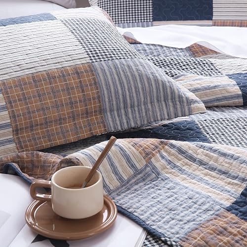 Miniatura 10 de PANGUSHAN Juego de edredón 100% algodón tamaño Queen, juego de ropa de cama de retazos a cuadros, edredón ligero de granja, edredón reversible,