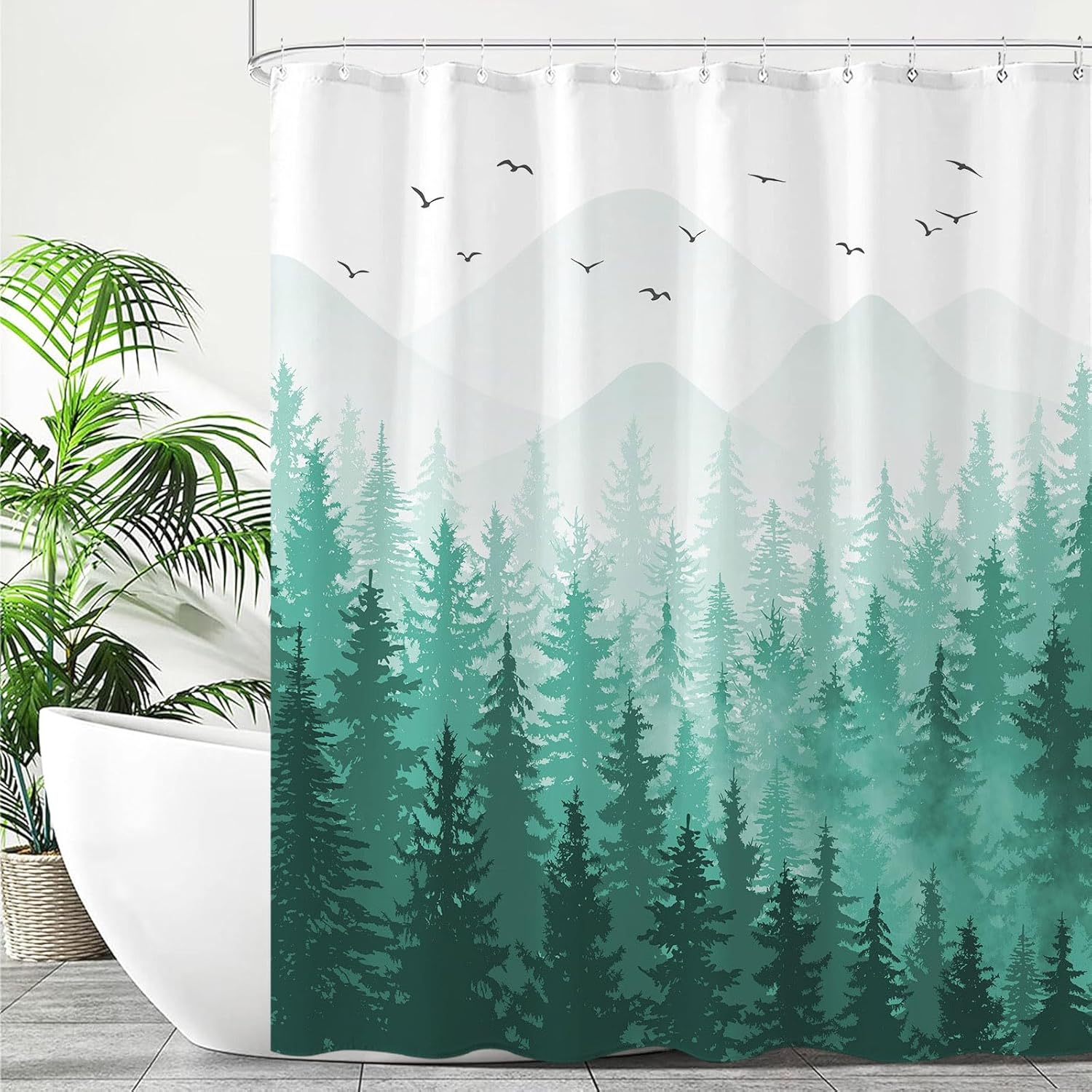 Aipon Teal Misty Forest Shower Curtain Ombre Nature Tree Plants Shower Curtains Fabric Waterproof Mountain Shower Curtain Sets for Bathroom Bath Decor with 12 Hooks (Teal, 72'' × 78'')