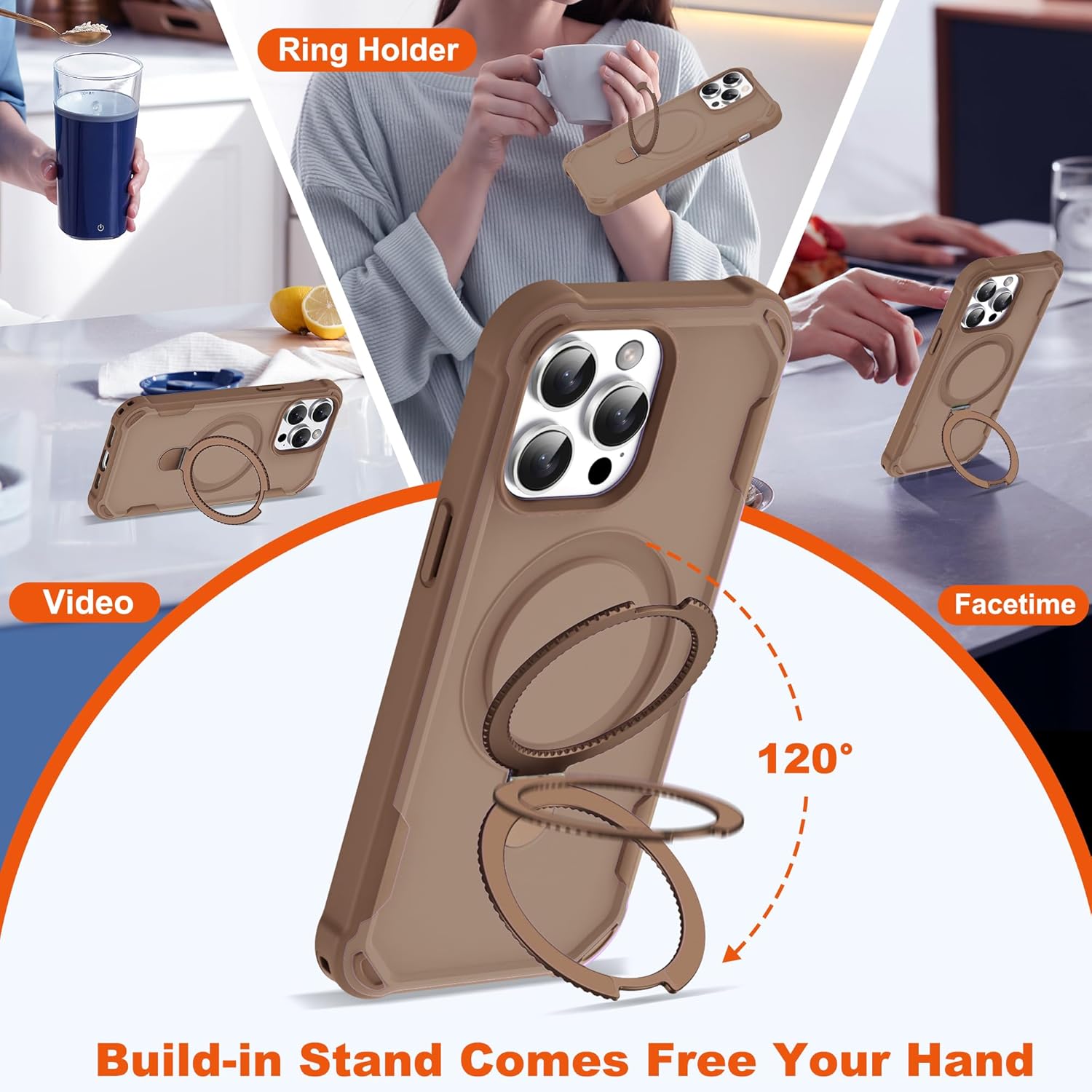 Compatible with iPhone 14 Pro Case 6.1'' with Magnetic Ring Stand [Military Drop Protection][Compatible with MagSafe] Shockproof 14 Pro Phone Case for Men Wowen,Brown
