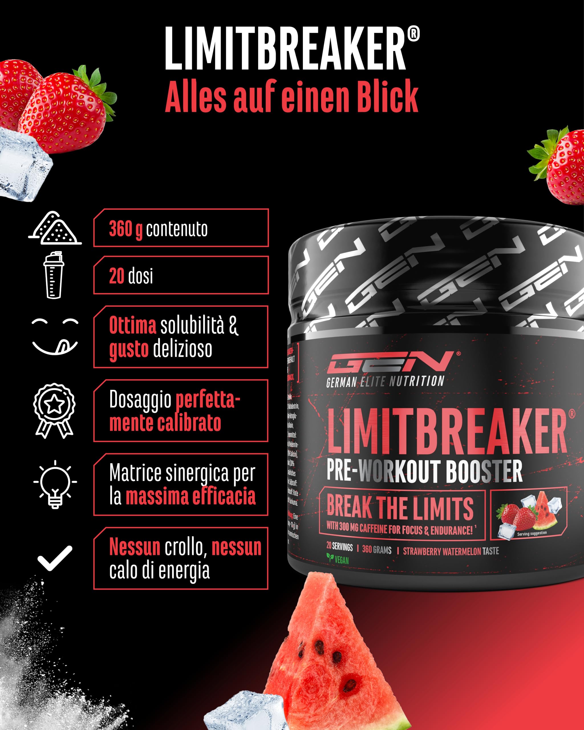 LIMITBREAKER® Pre Workout Booster con 300 mg di Caffeina - Gusto Fragola Anguria - con L Citrullina, AAKG, Beta Alanina e L Teanina - Alto Dosaggio - 360 g di Polvere 20 Porzioni - Vegano