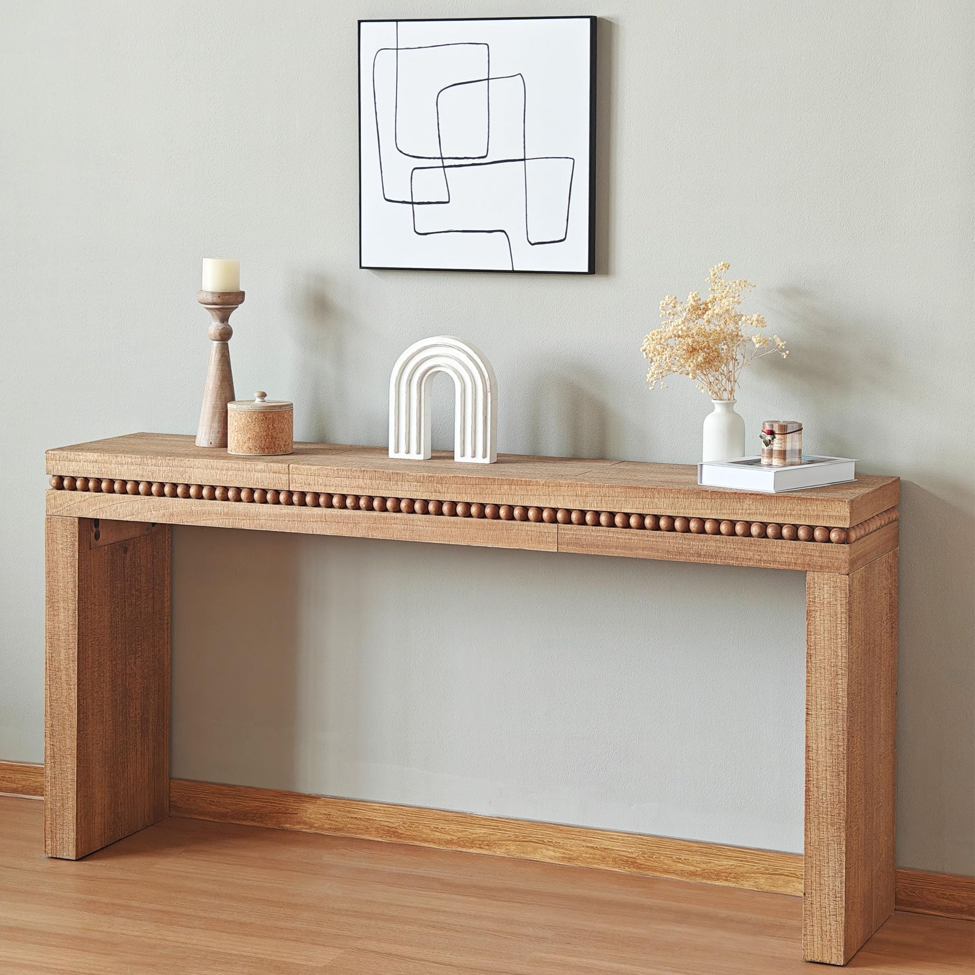 LUMISOL Natural Wood Console Table with Real Wood Beads Decoration, Antique Natural