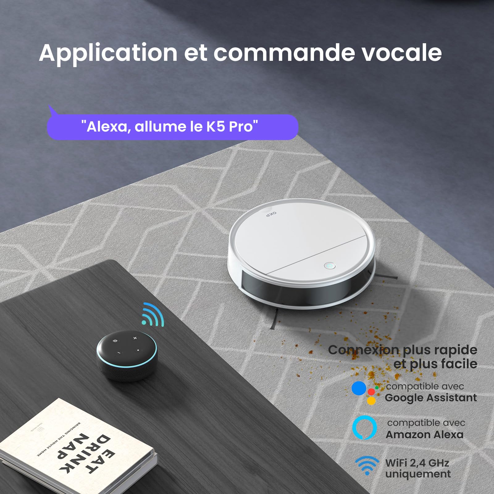 OKP K5 Pro Aspirateur Robot, 5000 Pa,180 Minutes,Ultra-Mince 7,7 cm, Évitement d'obstacles PSD, Silencieux, Adapté aux sols durs et Efficace Contre Les Poils d'animaux, Wi-FI/App/Alexa, Blanc