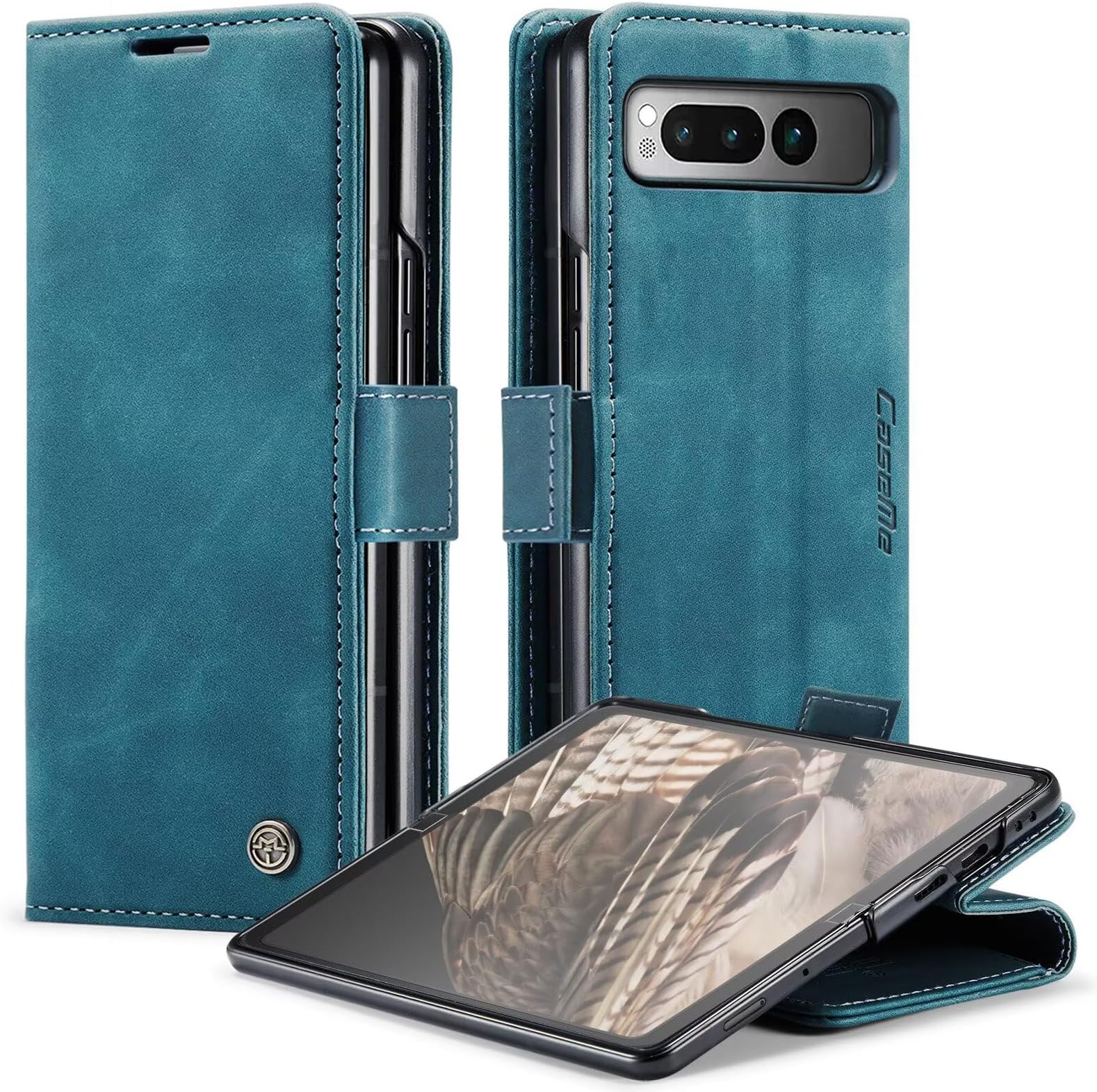 Real Leather Case For Google Pixel Fold Premium Wallet Case with [Kickstand] [Card Slots] [Magnetic Closure] Flip Notebook Cover Case for (Google Pixel Fold Blue)